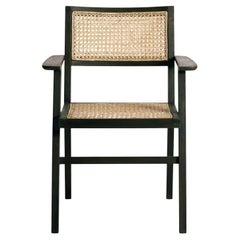 Talalla Dining Chair with Arms Dark Teak Rattan Linen Mid Century Style In Stock