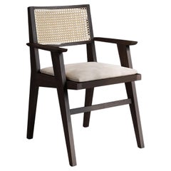 Talalla Dining Chair with Arms Dark Teak Rattan Linen Mid Century Style In Stock