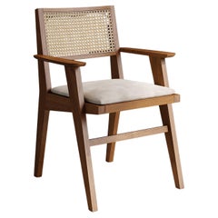 Talalla Dining Chair with Arms in Teak Rattan Linen Mid Centruy Style, In Stock