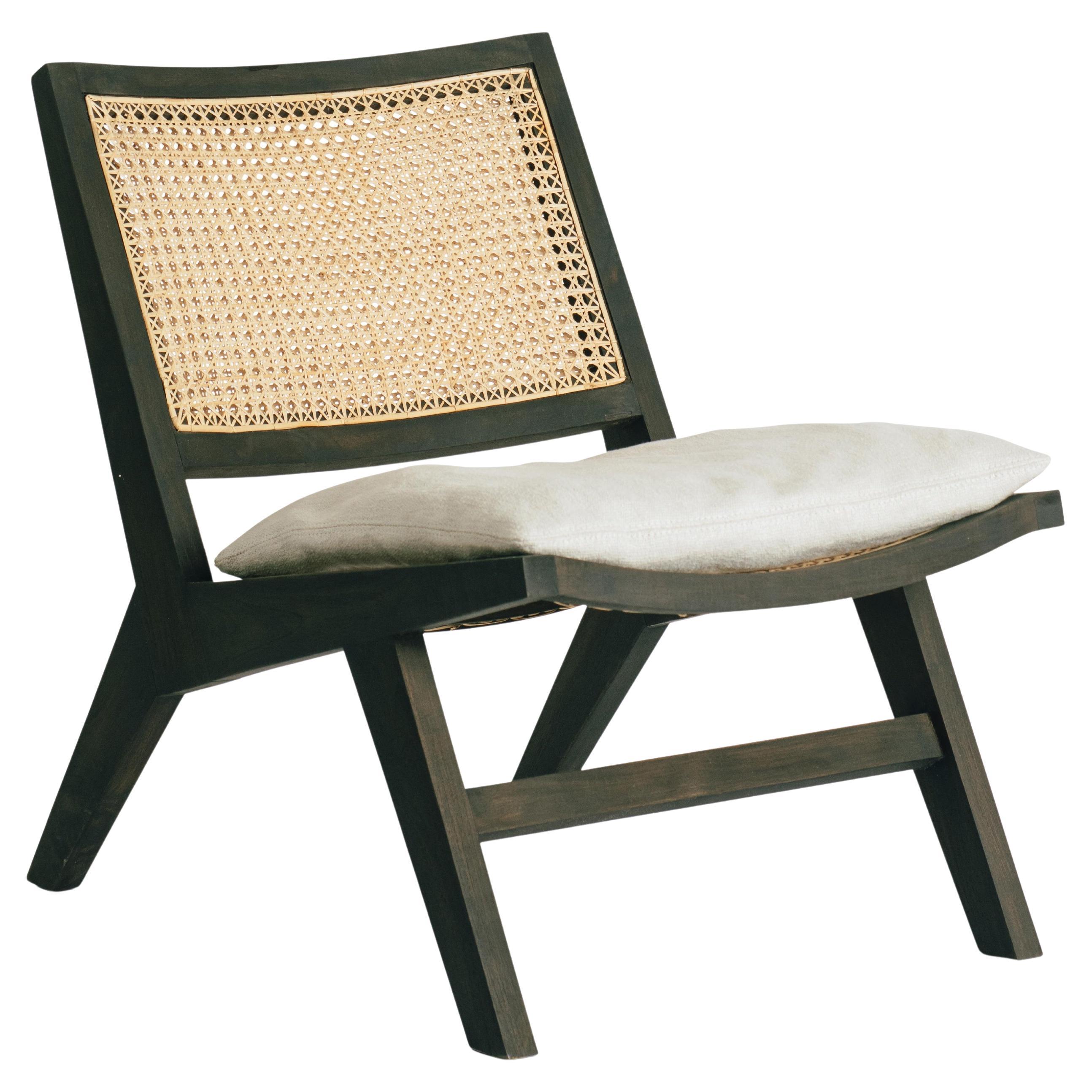 Talalla Lounge Chair Handmade Dark Teak Rattan Linen Mid Century Style, In Stock