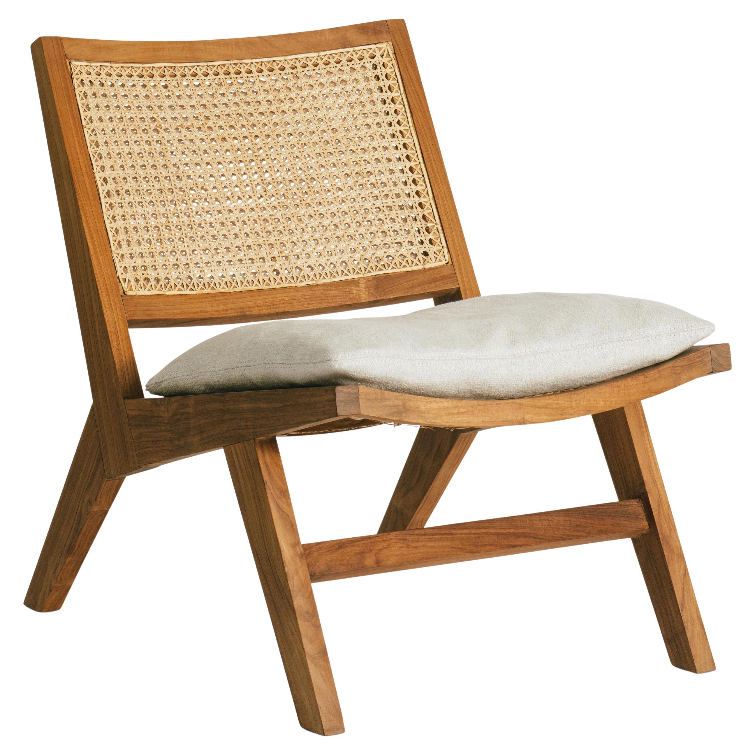 Talalla Lounge Chair Handmade in Teak Rattan Linen Mid Century Style, In Stock