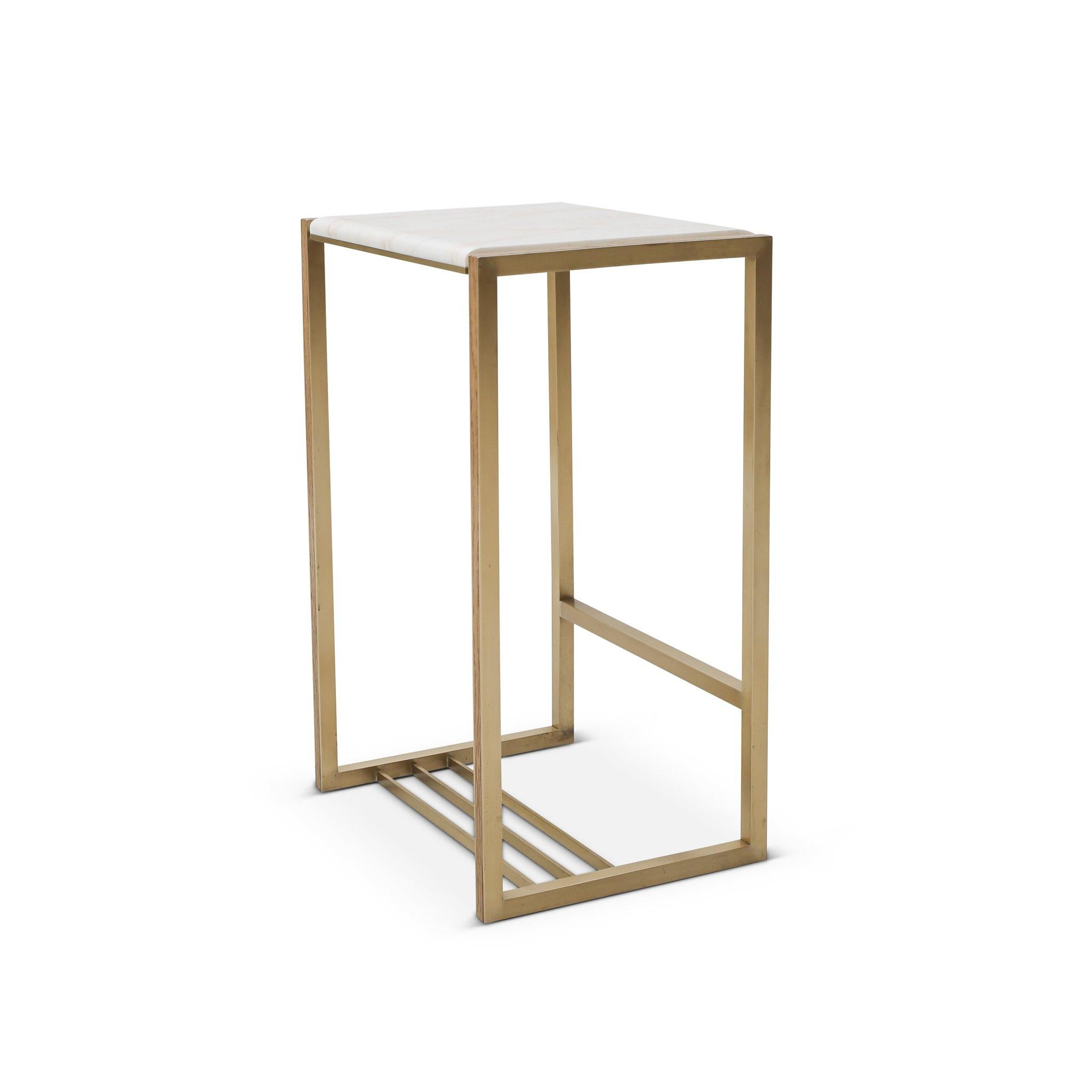 Talas table in brass, stone and oak by Cam Crockford 

Materials: Brass, stone, oak
Dimensions: 16 W x 12 D x 24.5 H inches.