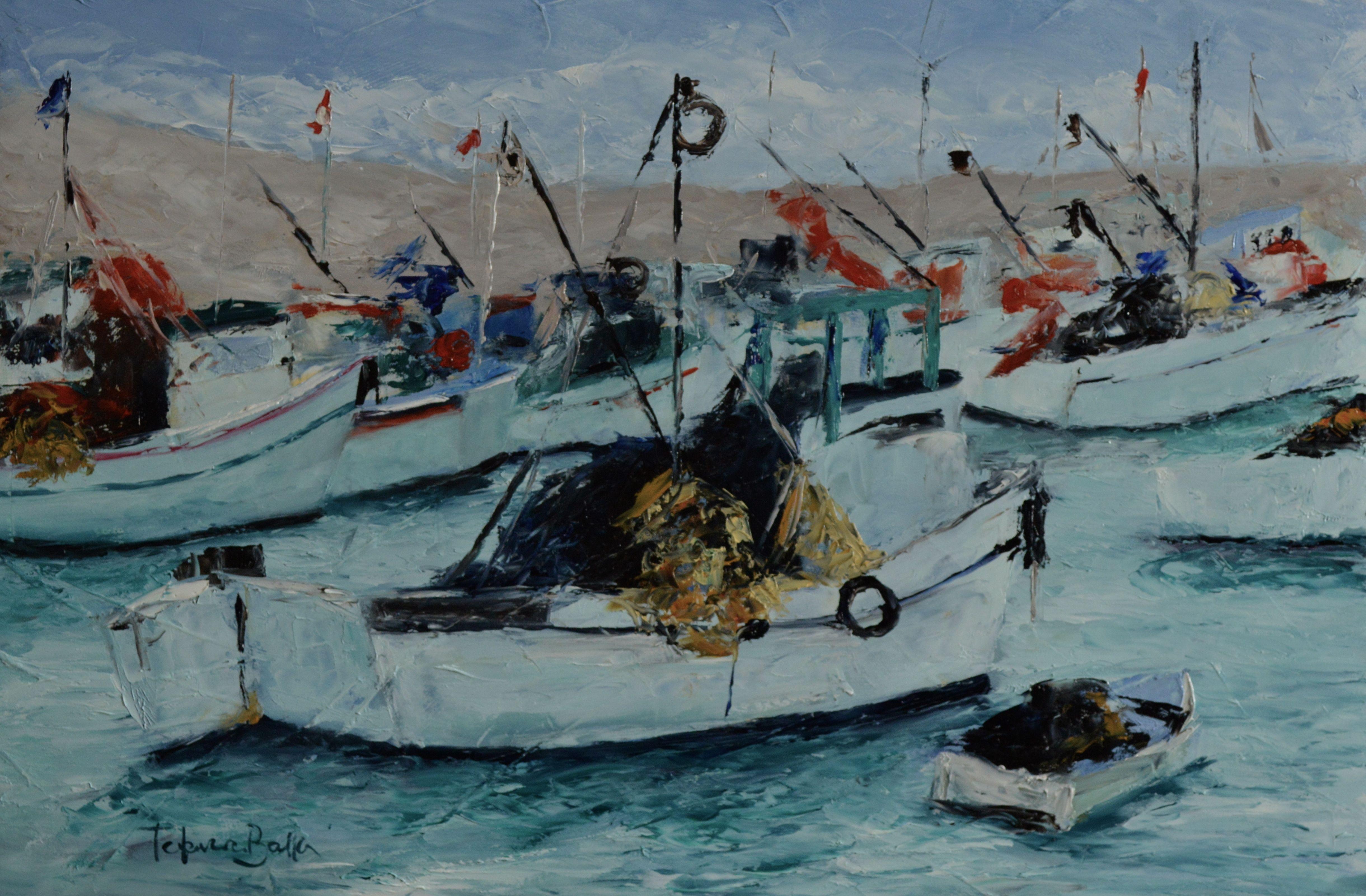 Fishing boats in northern PerÃº. :: Painting :: Impressionist :: This piece comes with an official certificate of authenticity signed by the artist :: Ready to Hang: Yes :: Signed: Yes :: Signature Location: bottom left :: Wood Panel :: Landscape ::