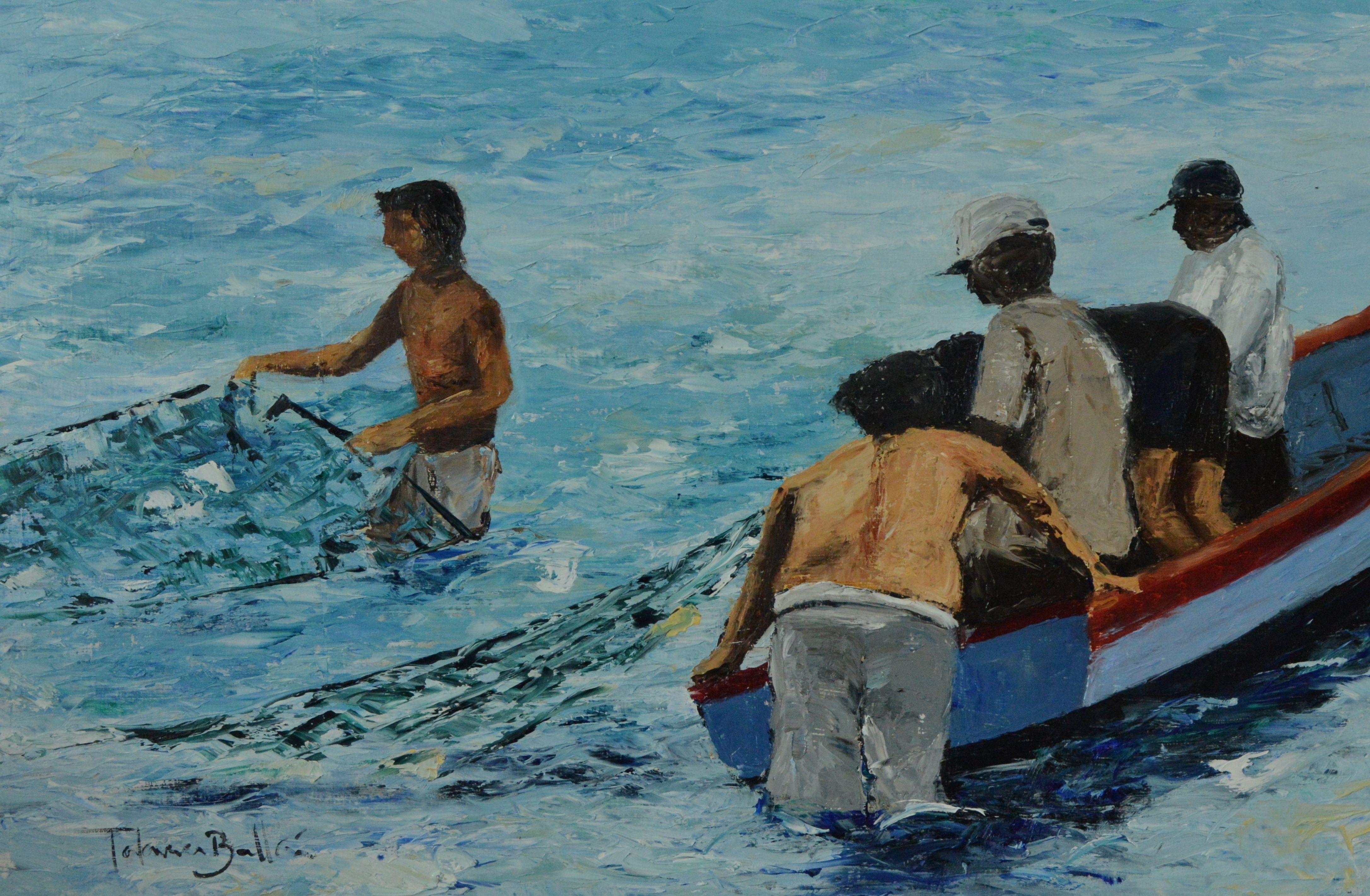 A group of fishermen pulling nets in a beach called Chorrillos, Lima - Peru.  :: Painting :: Impressionist :: This piece comes with an official certificate of authenticity signed by the artist :: Ready to Hang: Yes :: Signed: Yes :: Signature