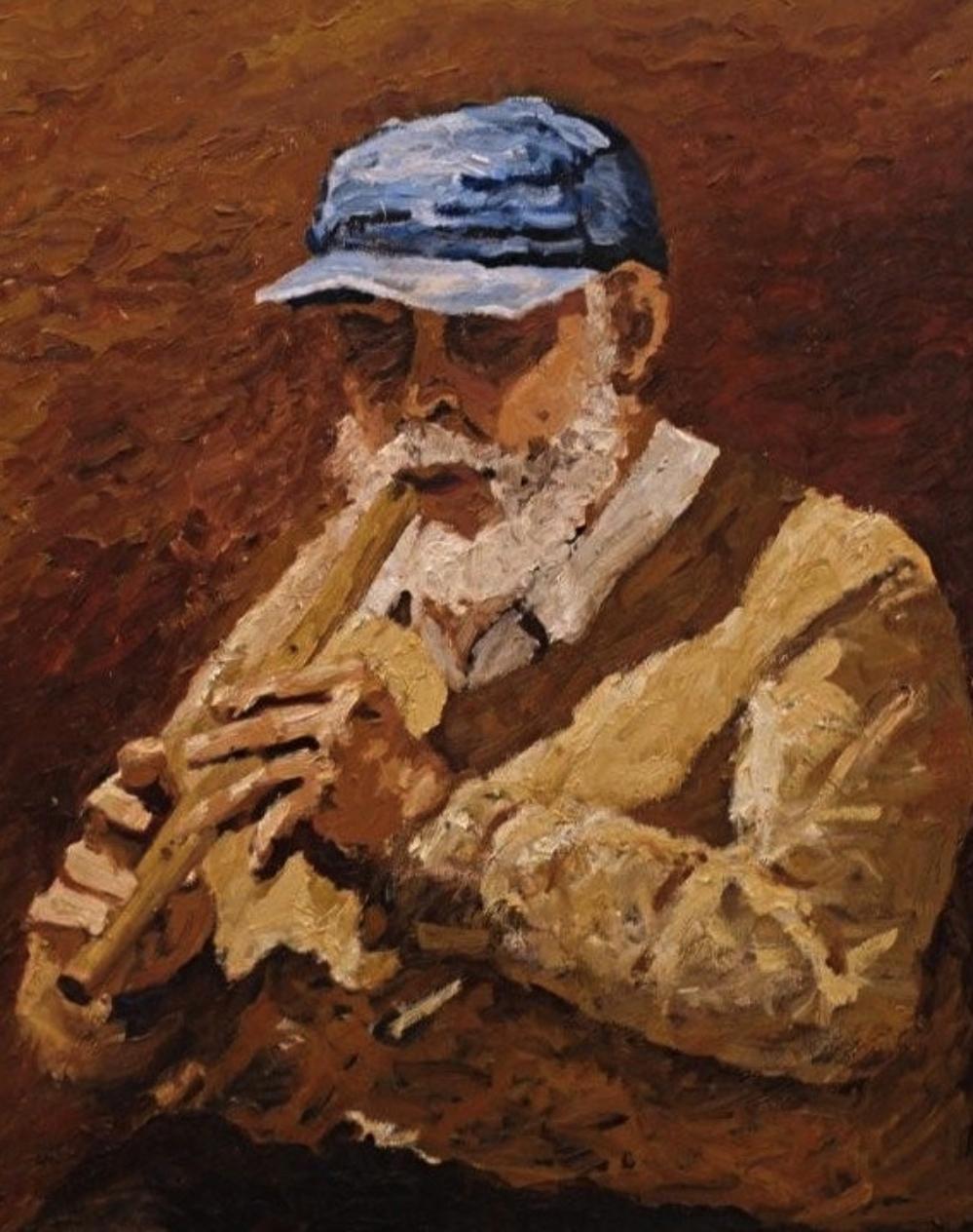 An eldery man playing the flute :: Painting :: Impressionist :: This piece comes with an official certificate of authenticity signed by the artist :: Ready to Hang: No :: Signed: Yes :: Signature Location: bottom right :: Canvas :: Portrait ::