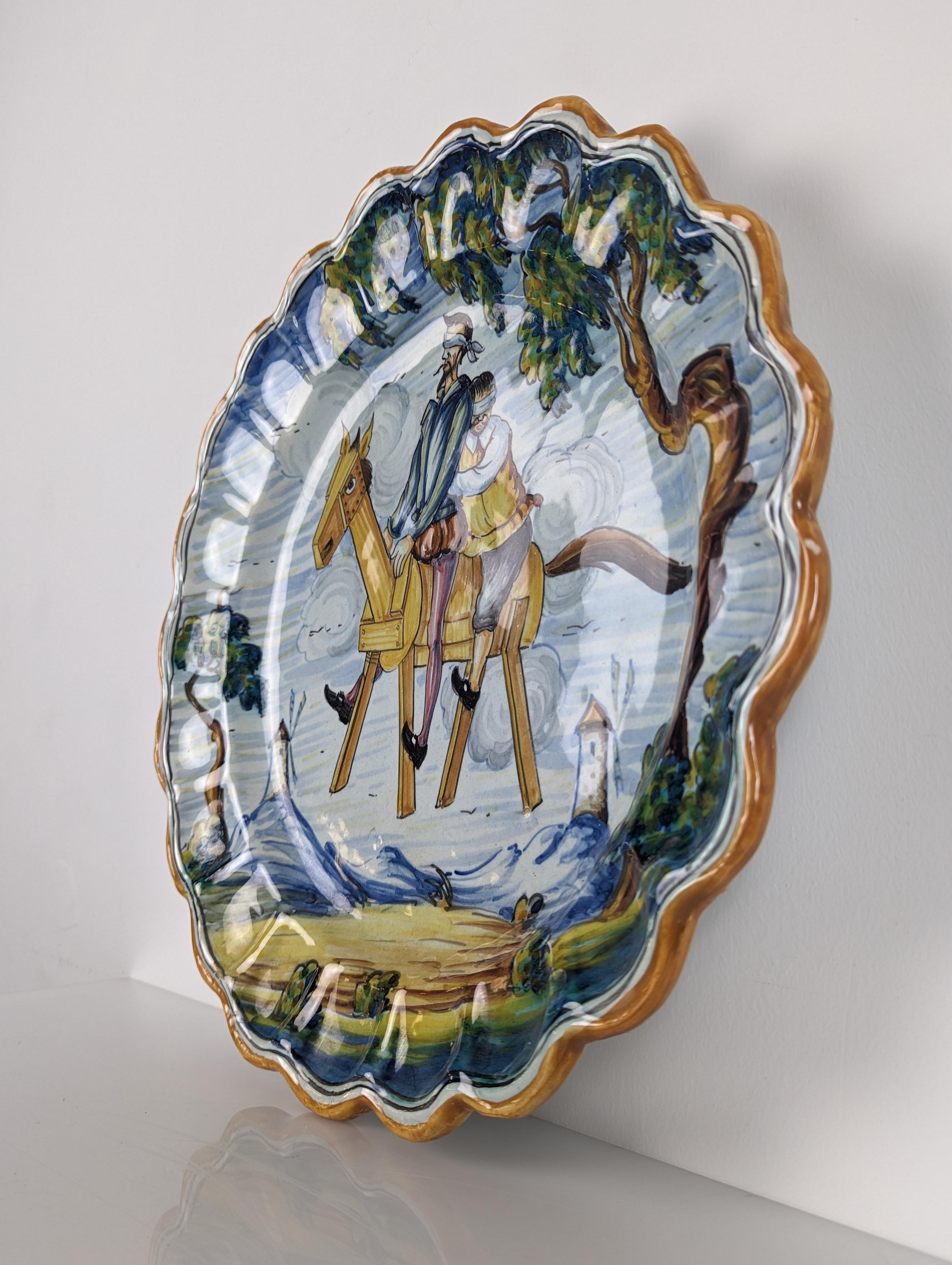 Mid-Century Modern Assiette en céramique Talavera, Don Quichotte et le cheval magique Clavileño, signée, années 1950 en vente