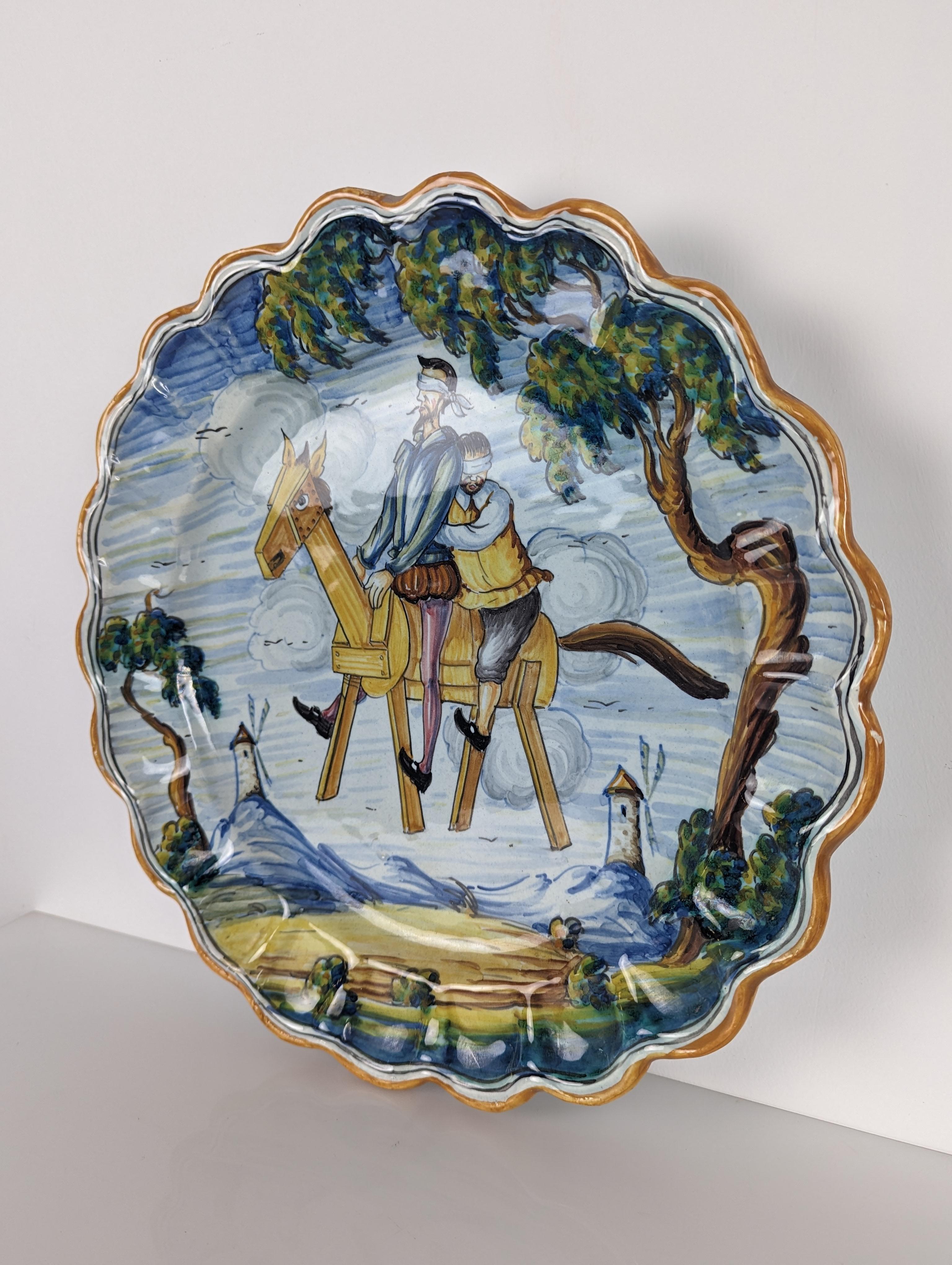 Hand-Painted Talavera Ceramic Plate, Don Quixote and the Magic Horse Clavileño, Signed, 1950s For Sale