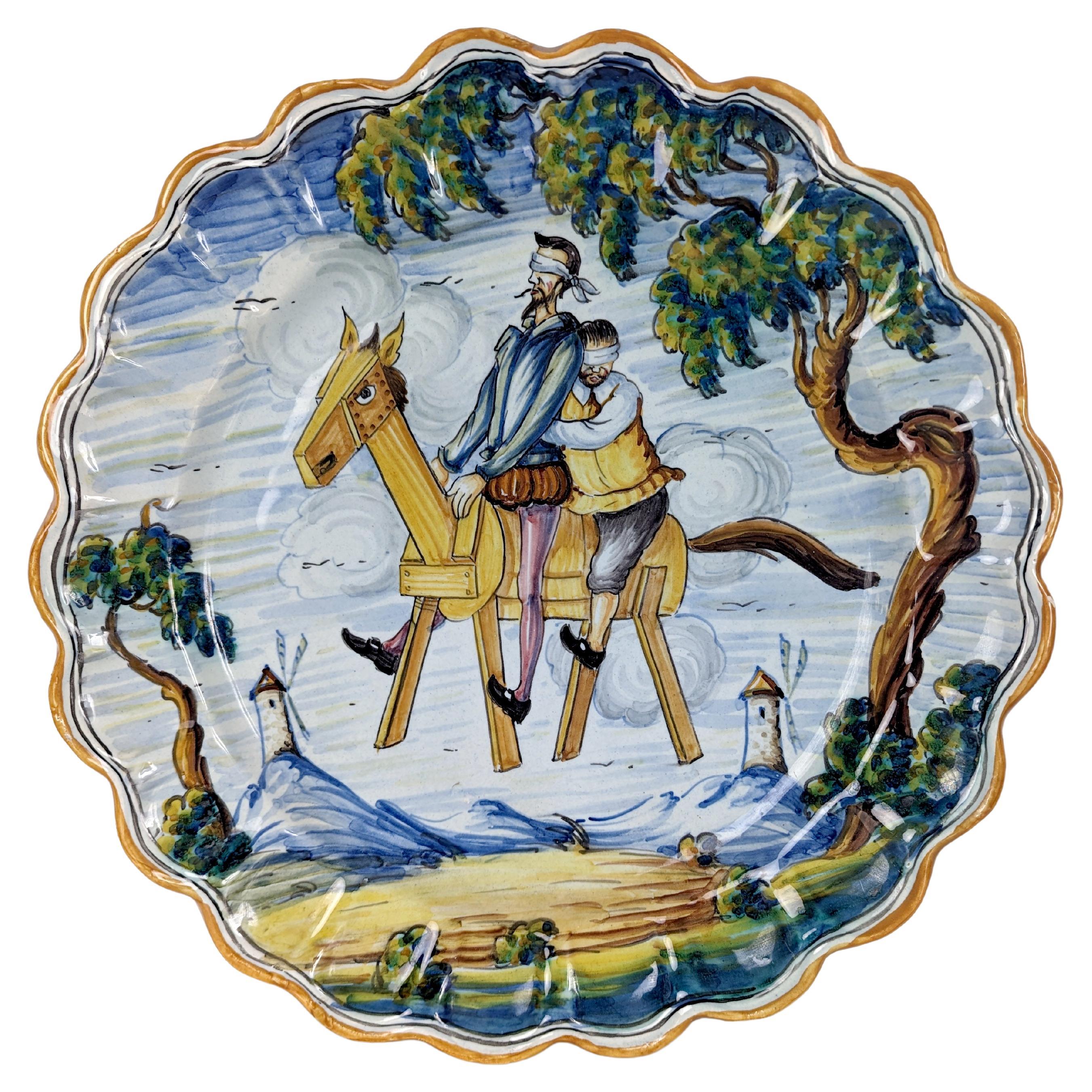 Assiette en céramique Talavera, Don Quichotte et le cheval magique Clavileño, signée, années 1950 en vente