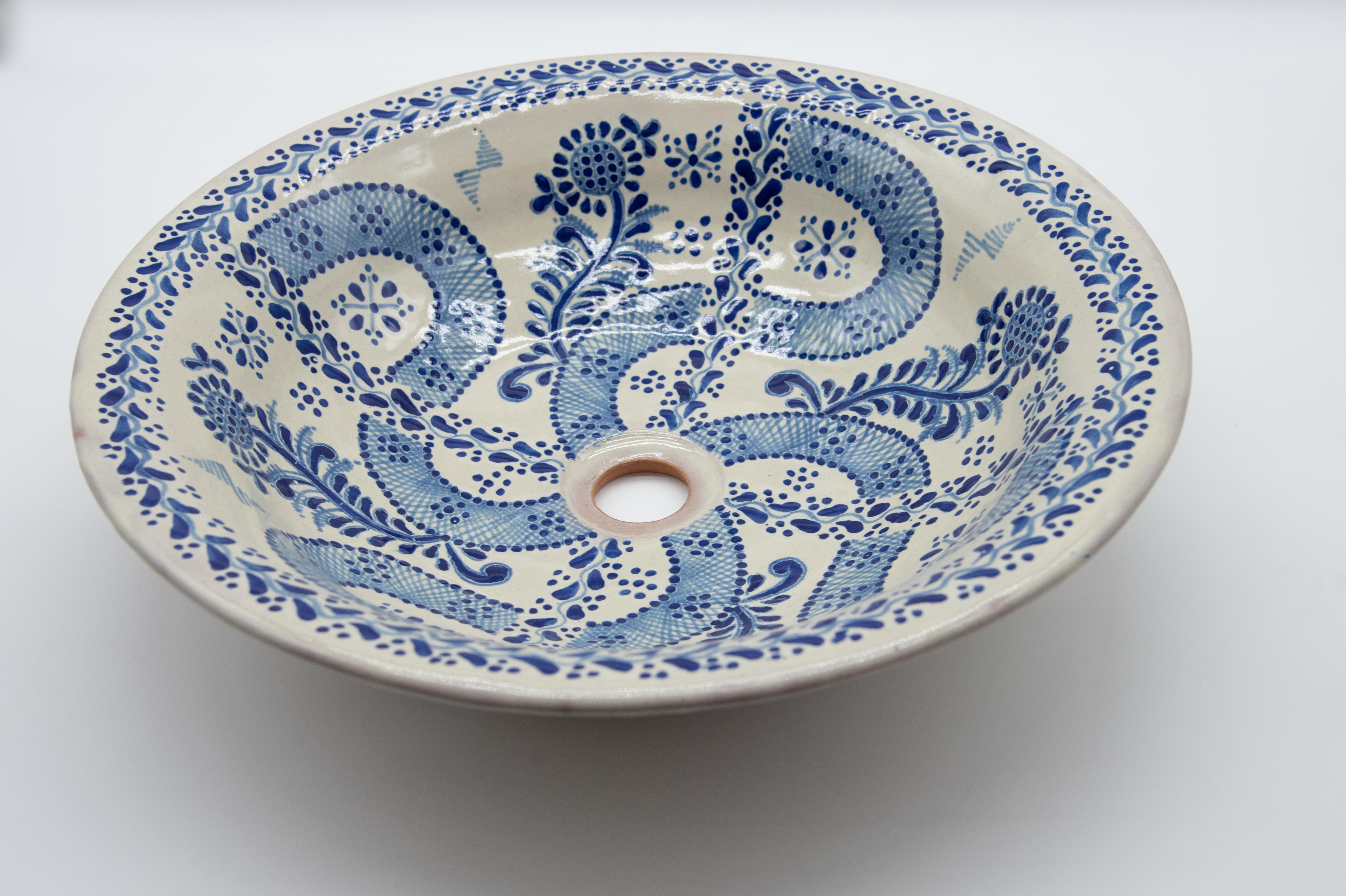 Spanish Colonial Talavera Decorative Lavabo Sink Folk Art Mexican Ceramic Blue White For Sale