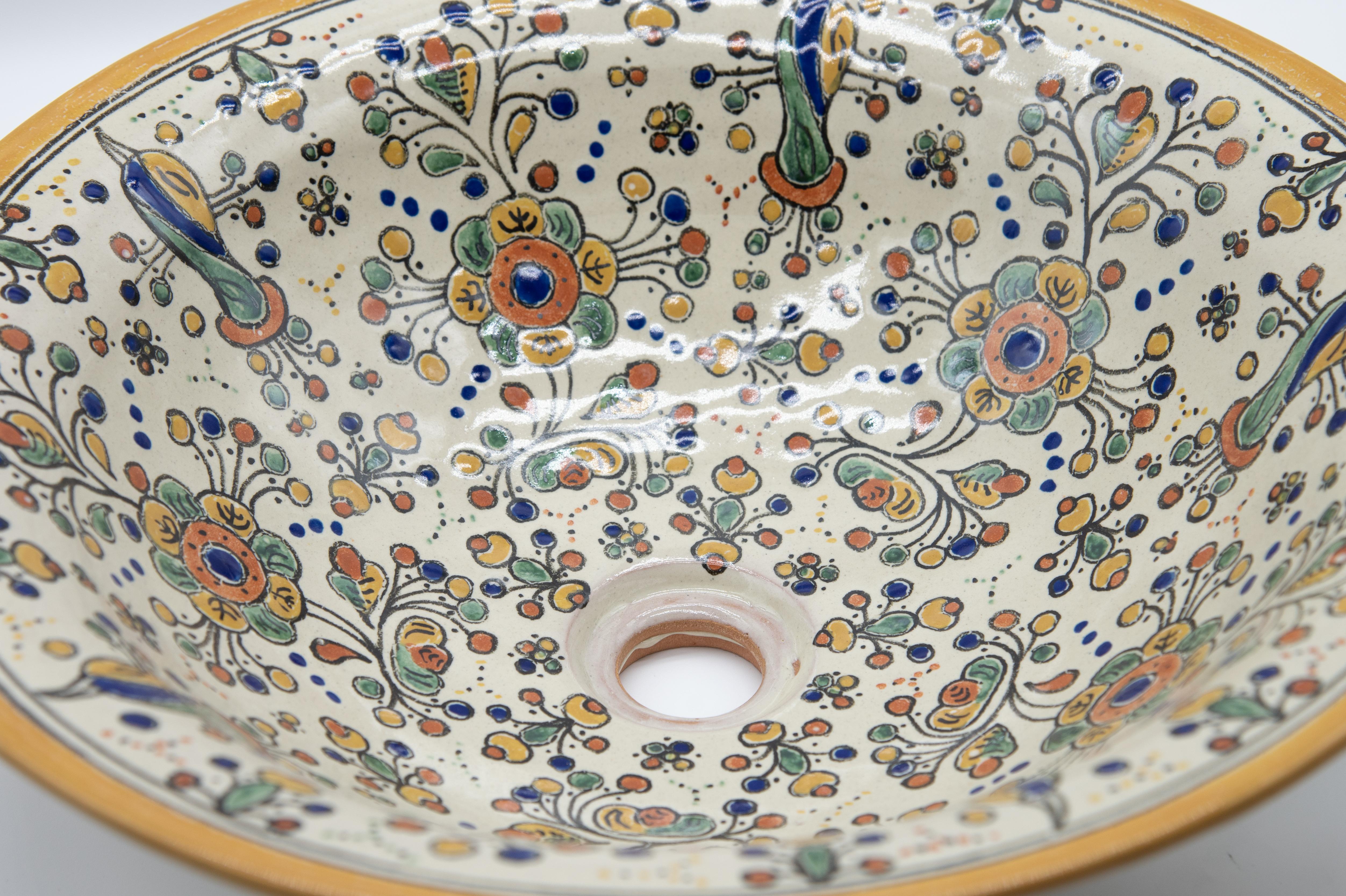 Hand-Crafted Talavera Decorative Lavabo Sink Folk Art Mexican Ceramic Spanish Colonial For Sale