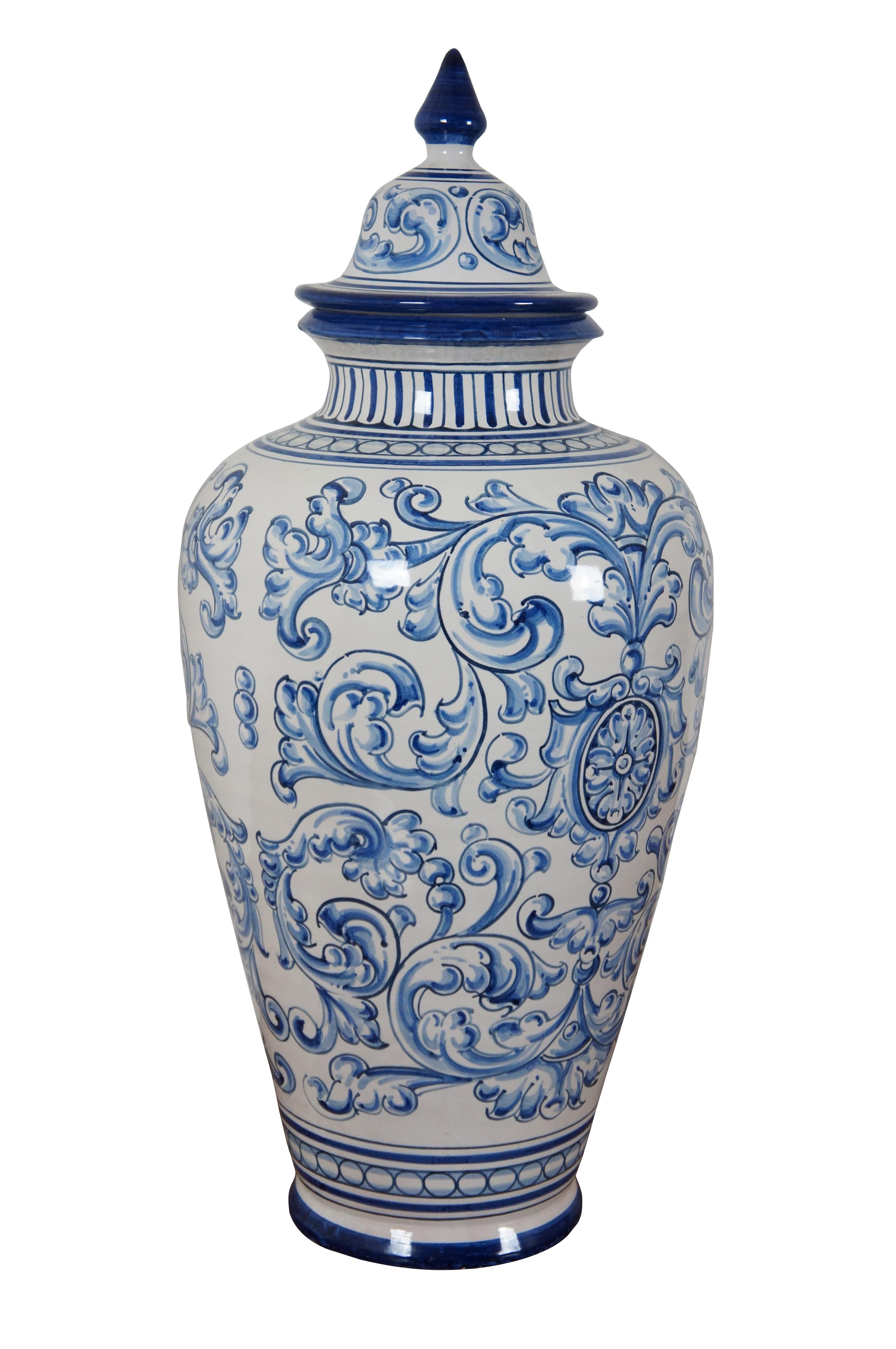 Folk Art Talavera El Carmen Spain Pottery Blue & White Lidded Mantel Urn Vase 22