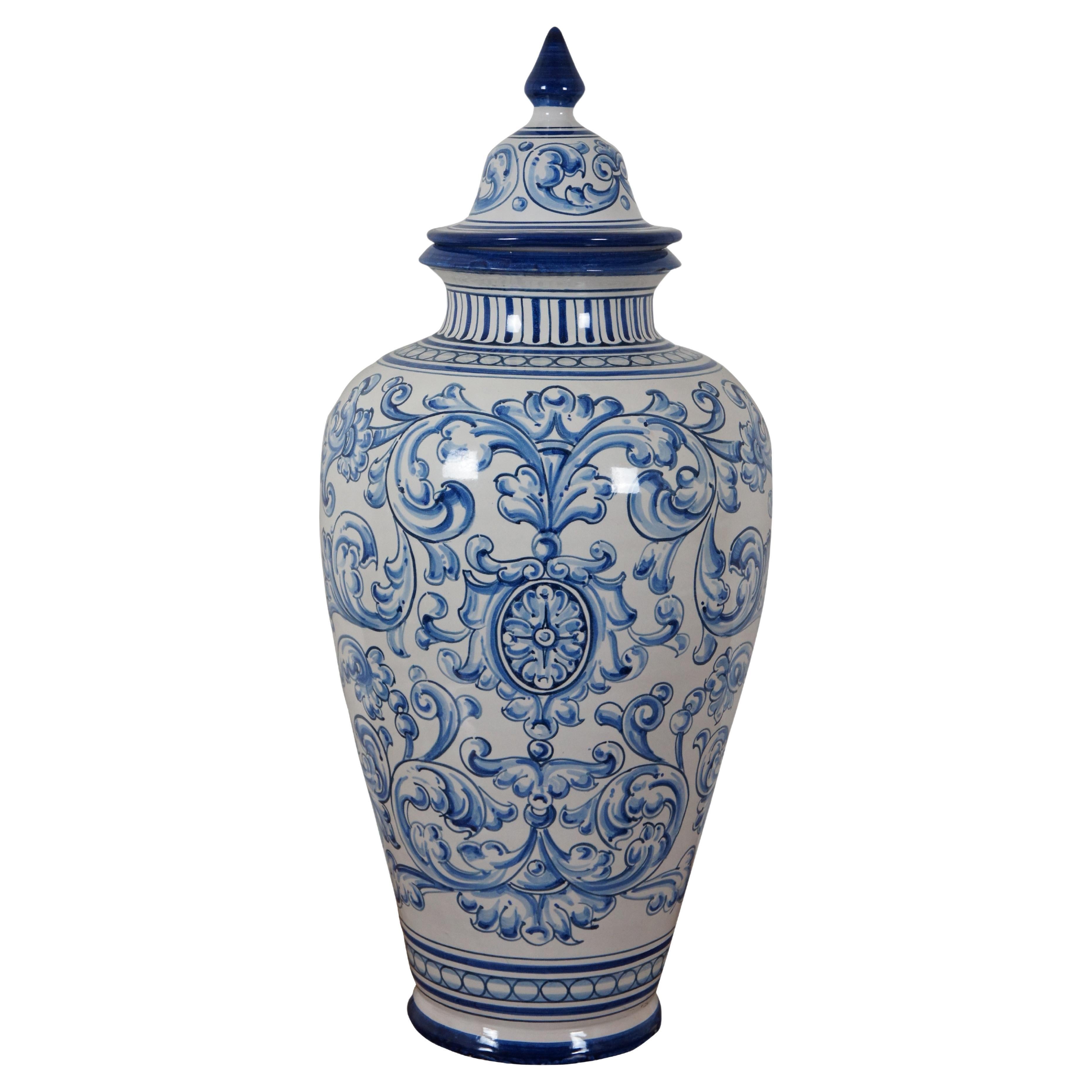 Talavera El Carmen Spain Pottery Blue & White Lidded Mantel Urn Vase 22"