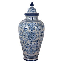 Vintage Talavera El Carmen Spain Pottery Blue & White Lidded Mantel Urn Vase 22"