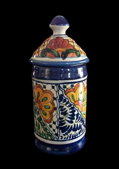 Boîte à couvercle en poterie d'art populaire Talavera - Peint à la main - Mexique - Circa 1980's
