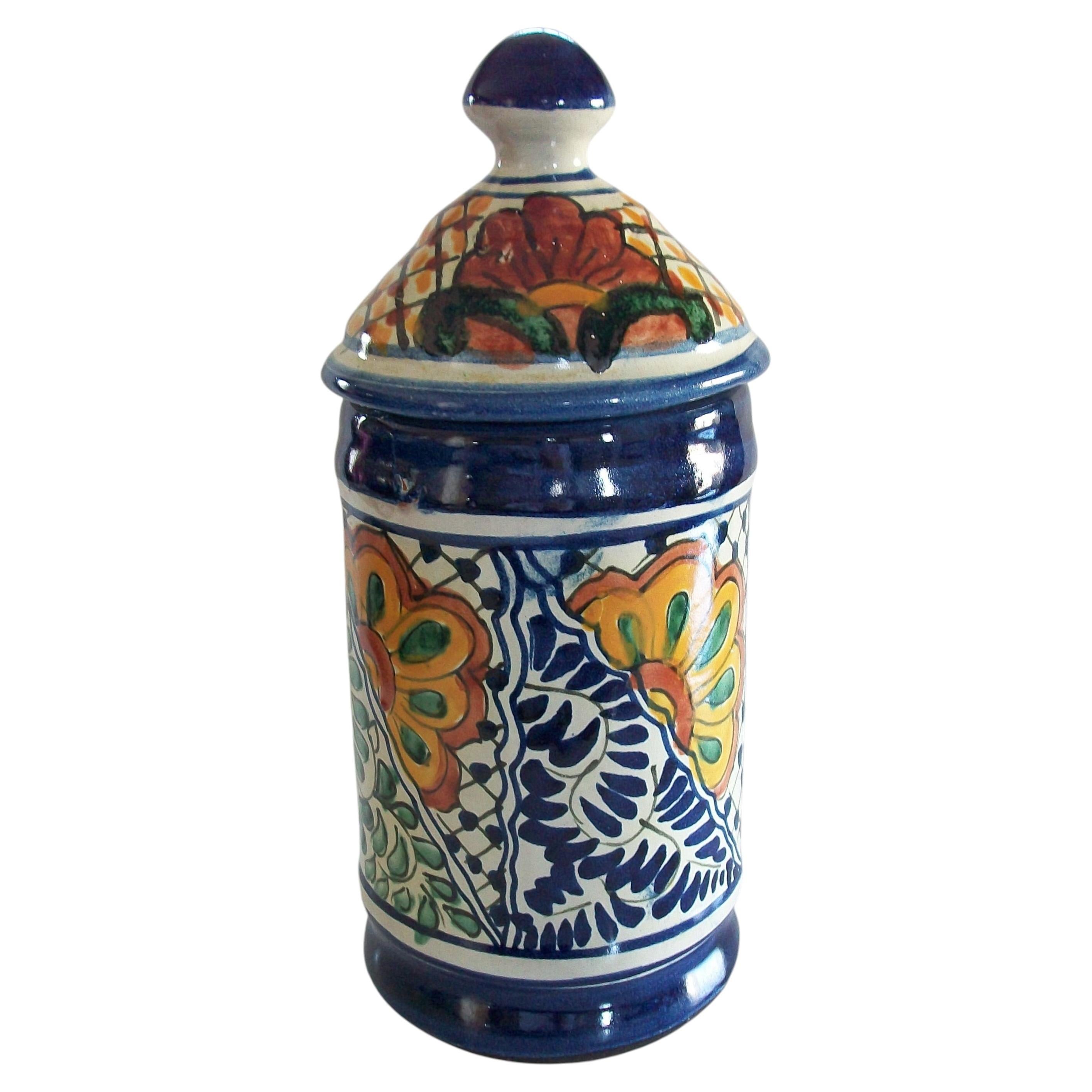 Talavera Folk Art Pottery Lidded Canister - Hand Painted - Mexico - Circa 1980's