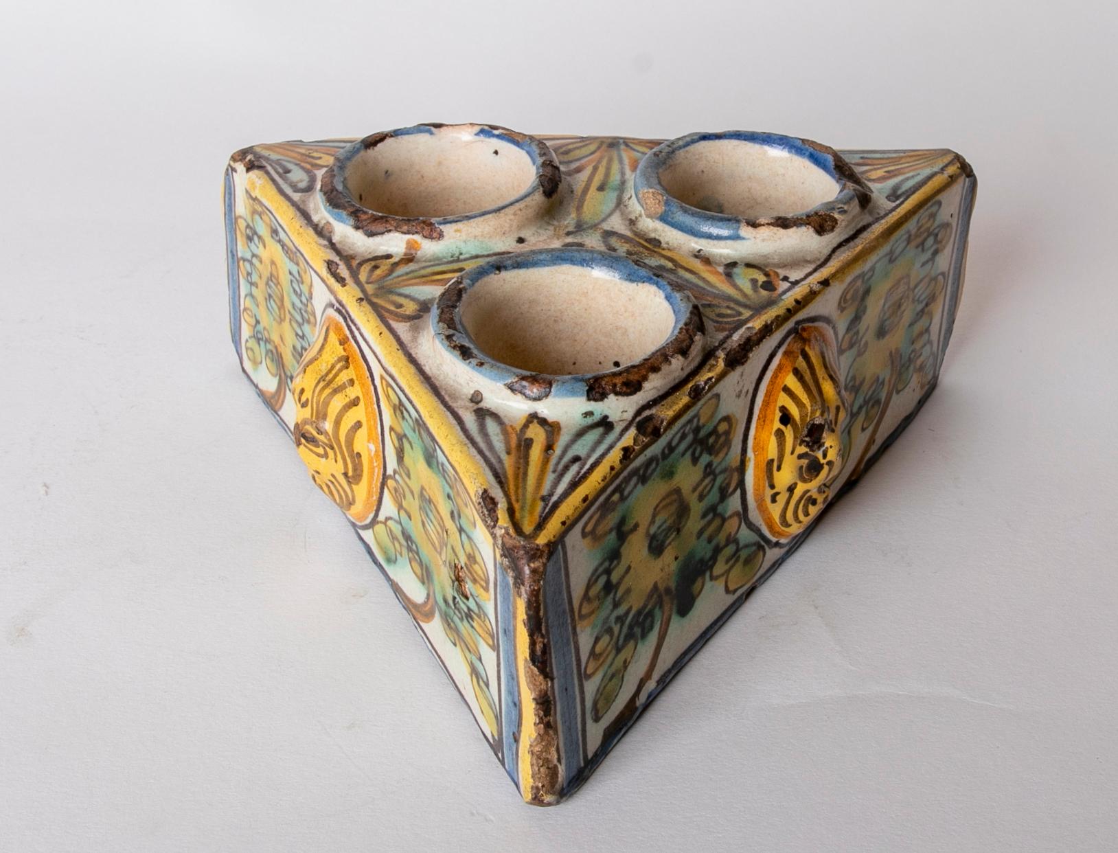 Spanish Talavera Glazed Ceramic Inkwell in its characteristic tones For Sale