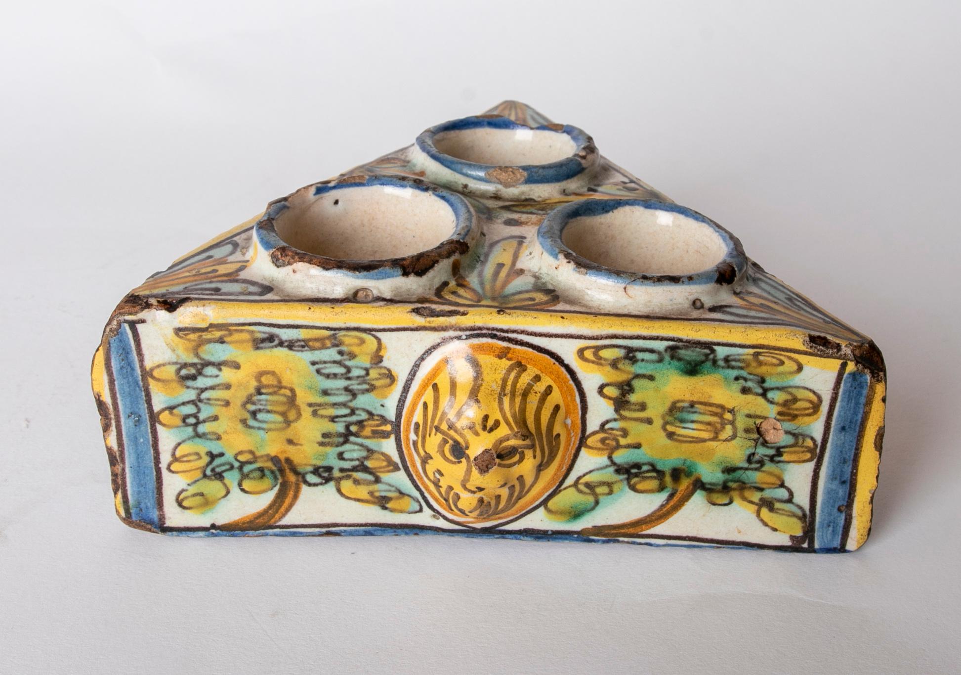 19th Century Talavera Glazed Ceramic Inkwell in its characteristic tones For Sale