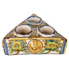 Antique Talavera Glazed Ceramic Inkwell in its characteristic tones