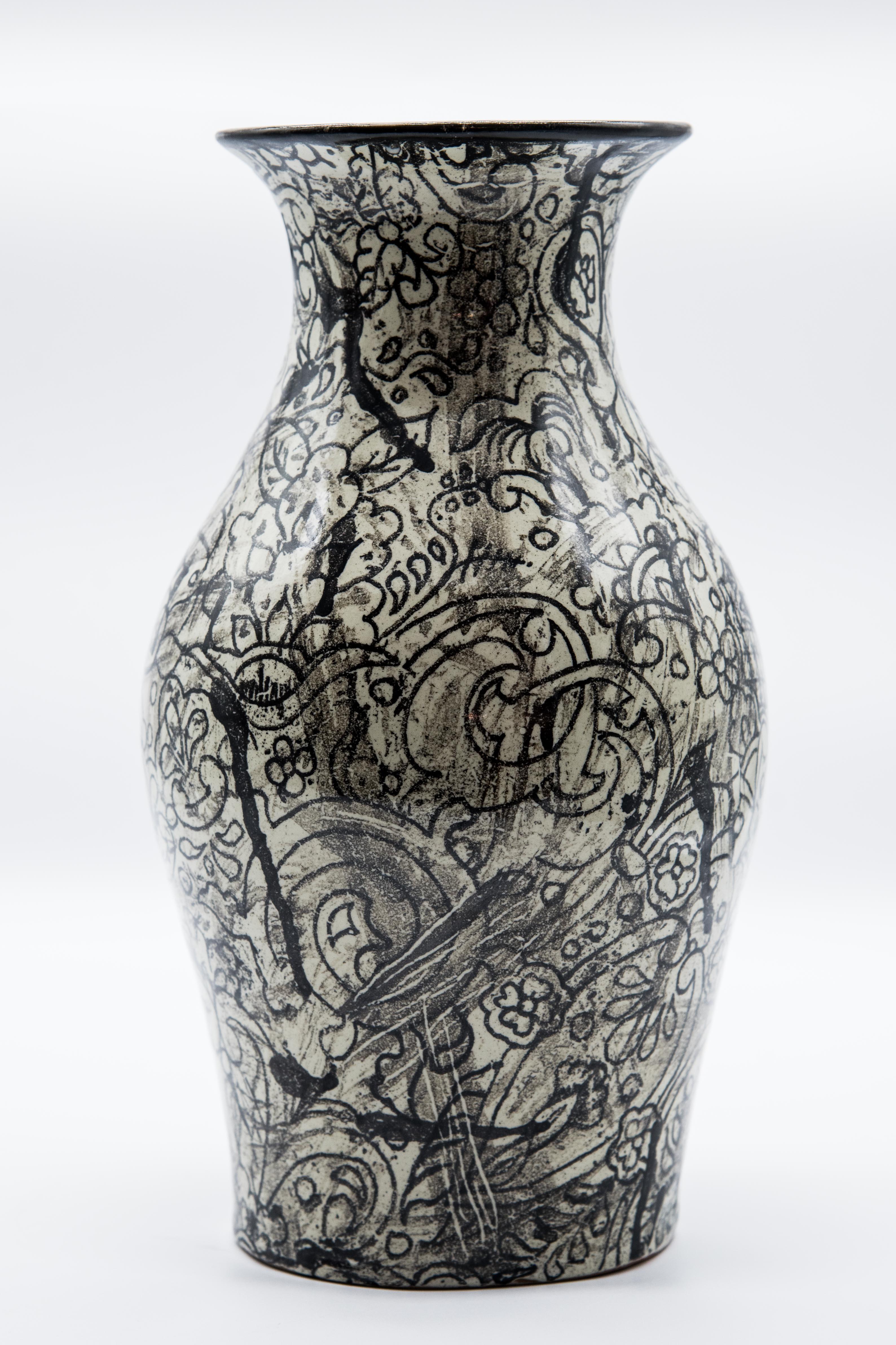 Talavera Jar Decorative Vase Folk Art Vessel Mexican Ceramic Black White Modern For Sale 2