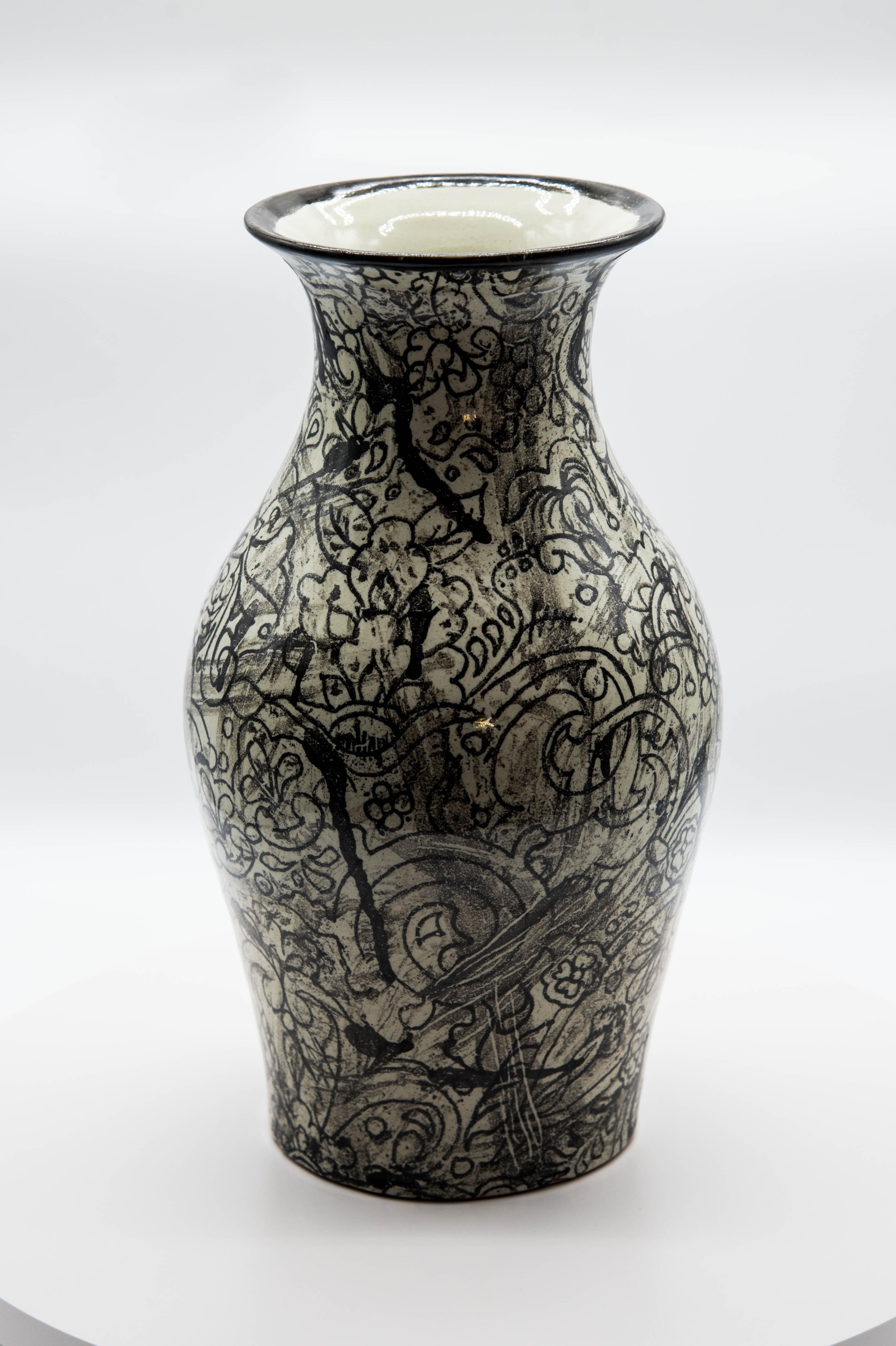 Mexicain Talavera Jar Decorative Vase Folk Art Vessel Mexican Ceramic Black White Modern en vente