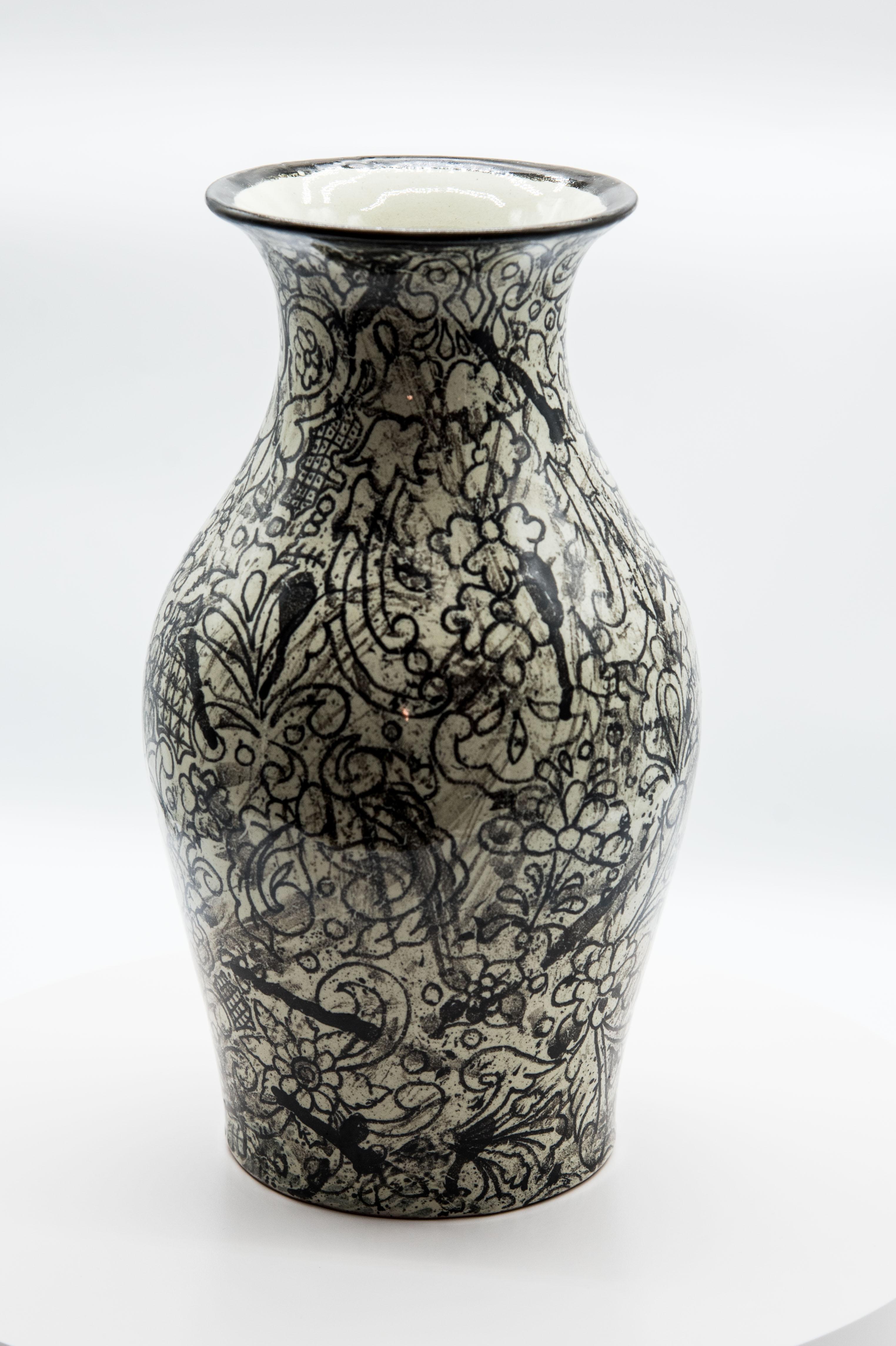 Spanish Colonial Talavera Jar Decorative Vase Folk Art Vessel Mexican Ceramic Black White Modern For Sale