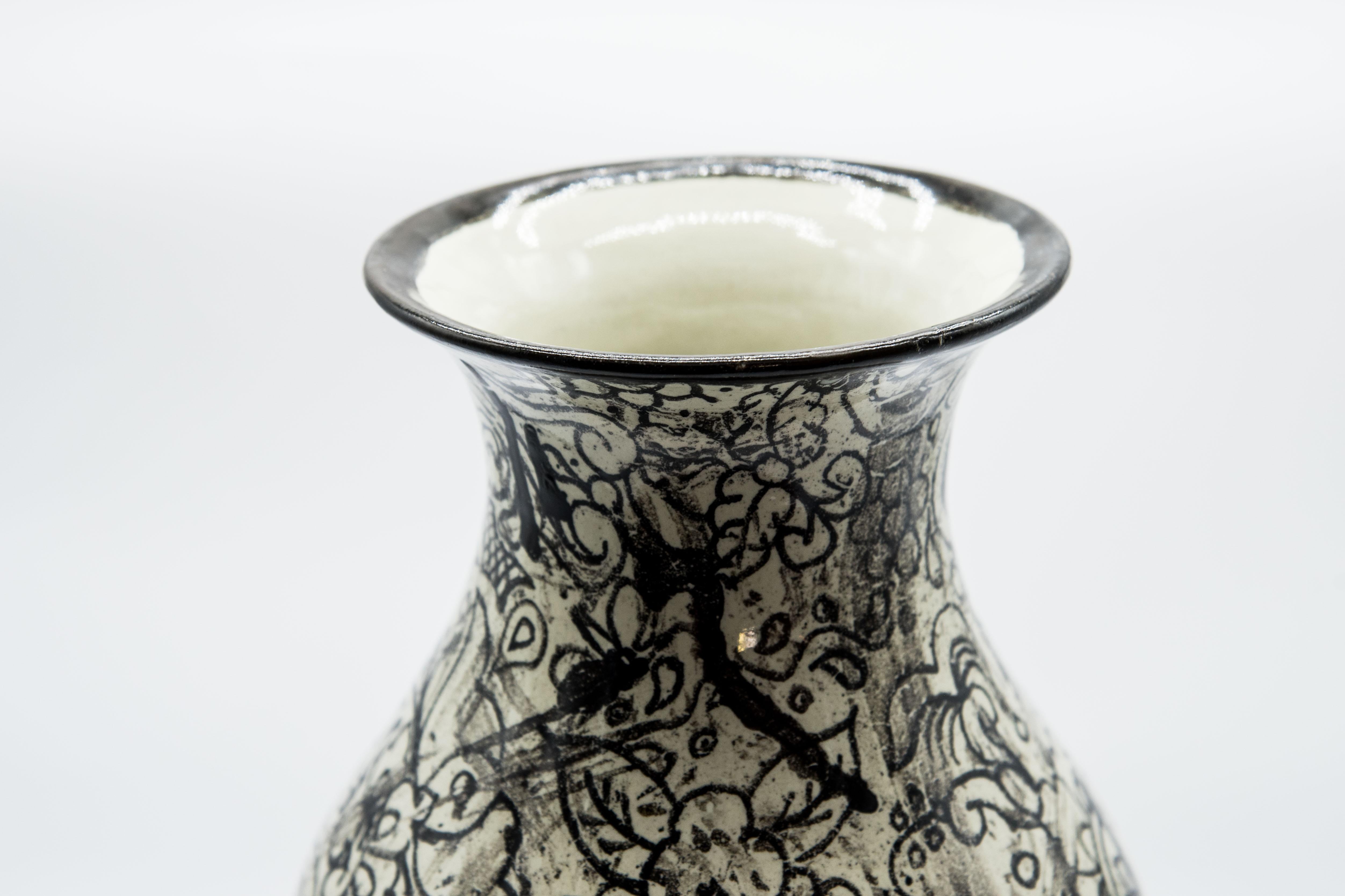 Hand-Crafted Talavera Jar Decorative Vase Folk Art Vessel Mexican Ceramic Black White Modern For Sale