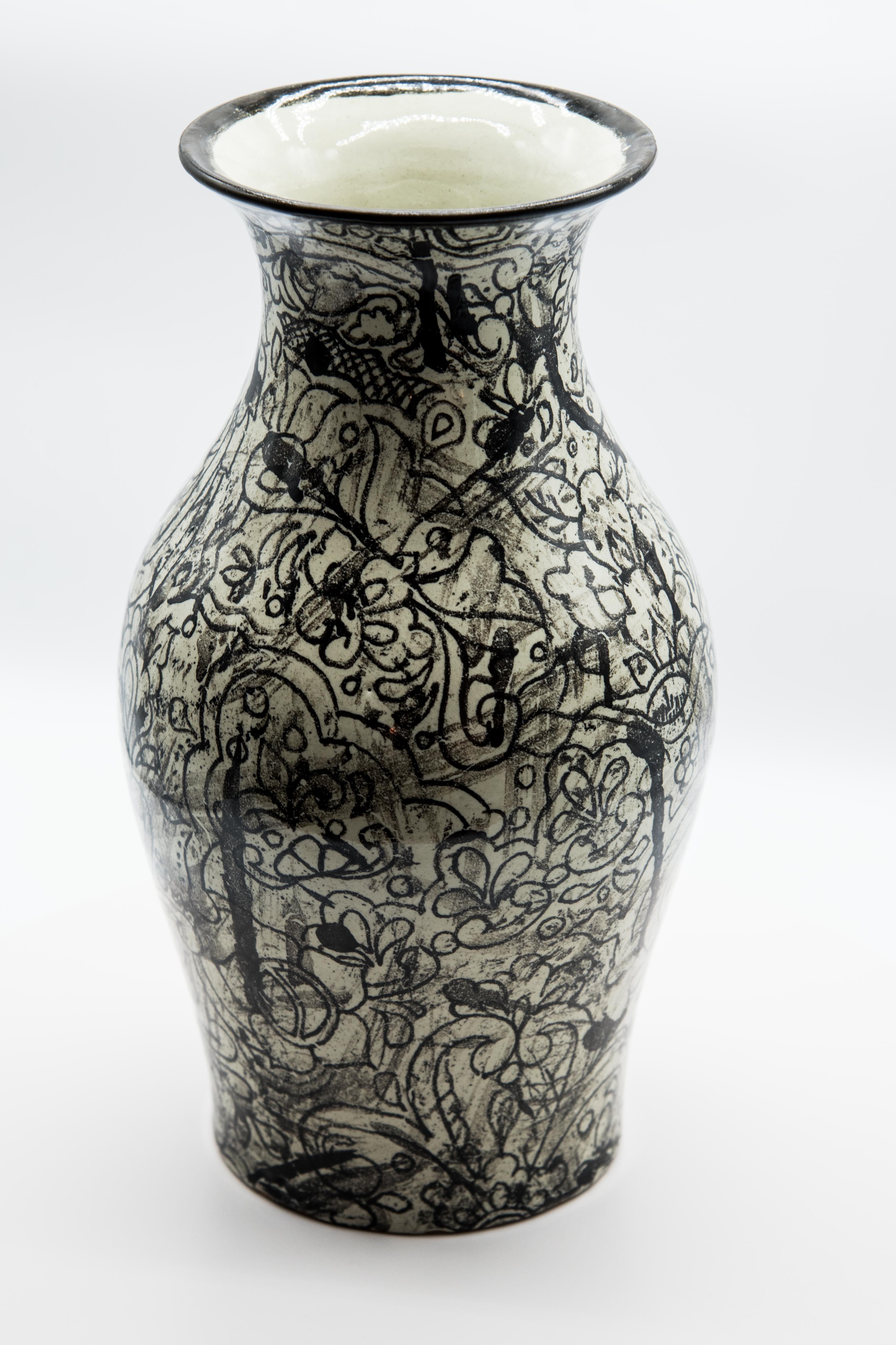 Contemporary Talavera Jar Decorative Vase Folk Art Vessel Mexican Ceramic Black White Modern For Sale