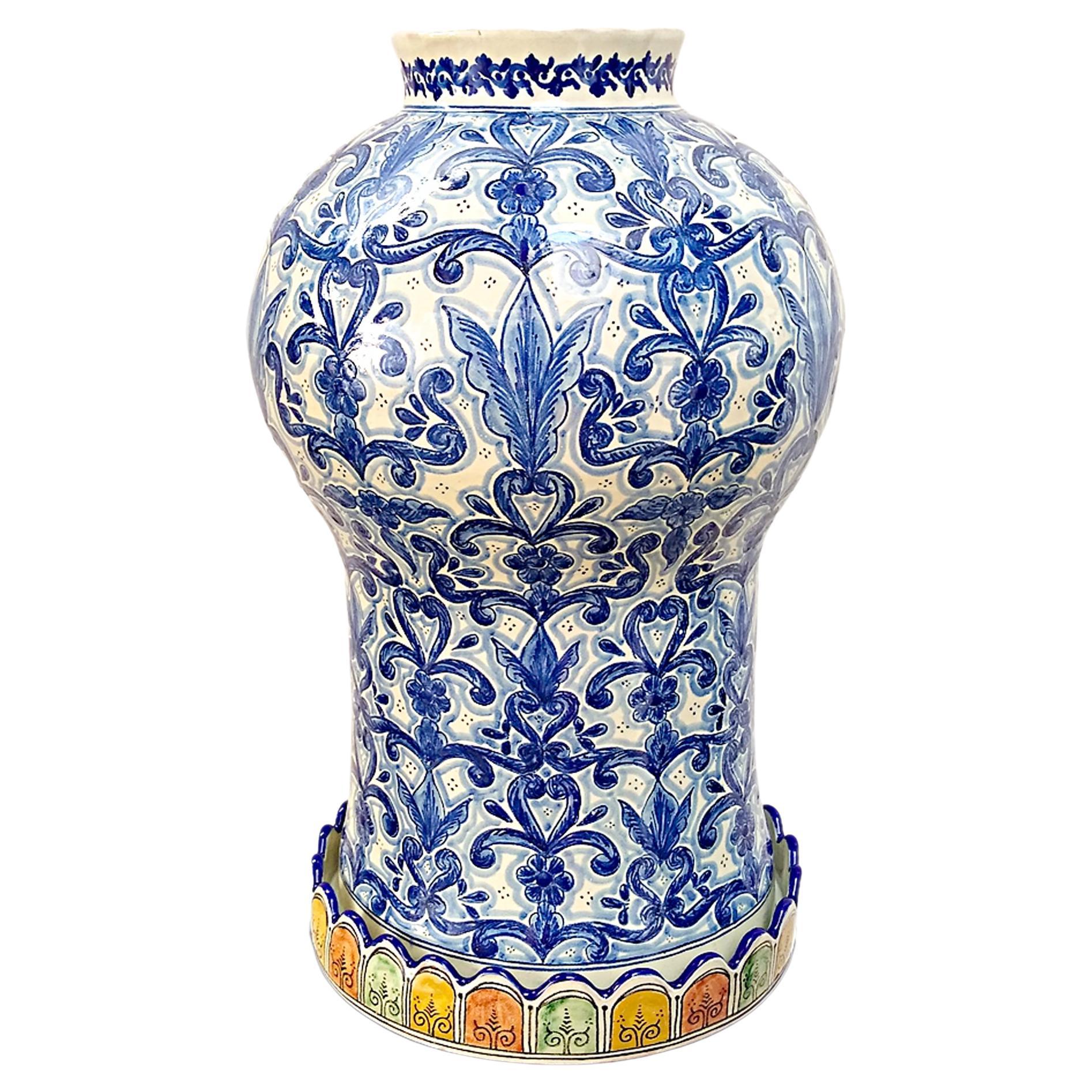 Talavera Jar Decorative Vase Folk Art Vessel Mexican Ceramic Blue White  For Sale