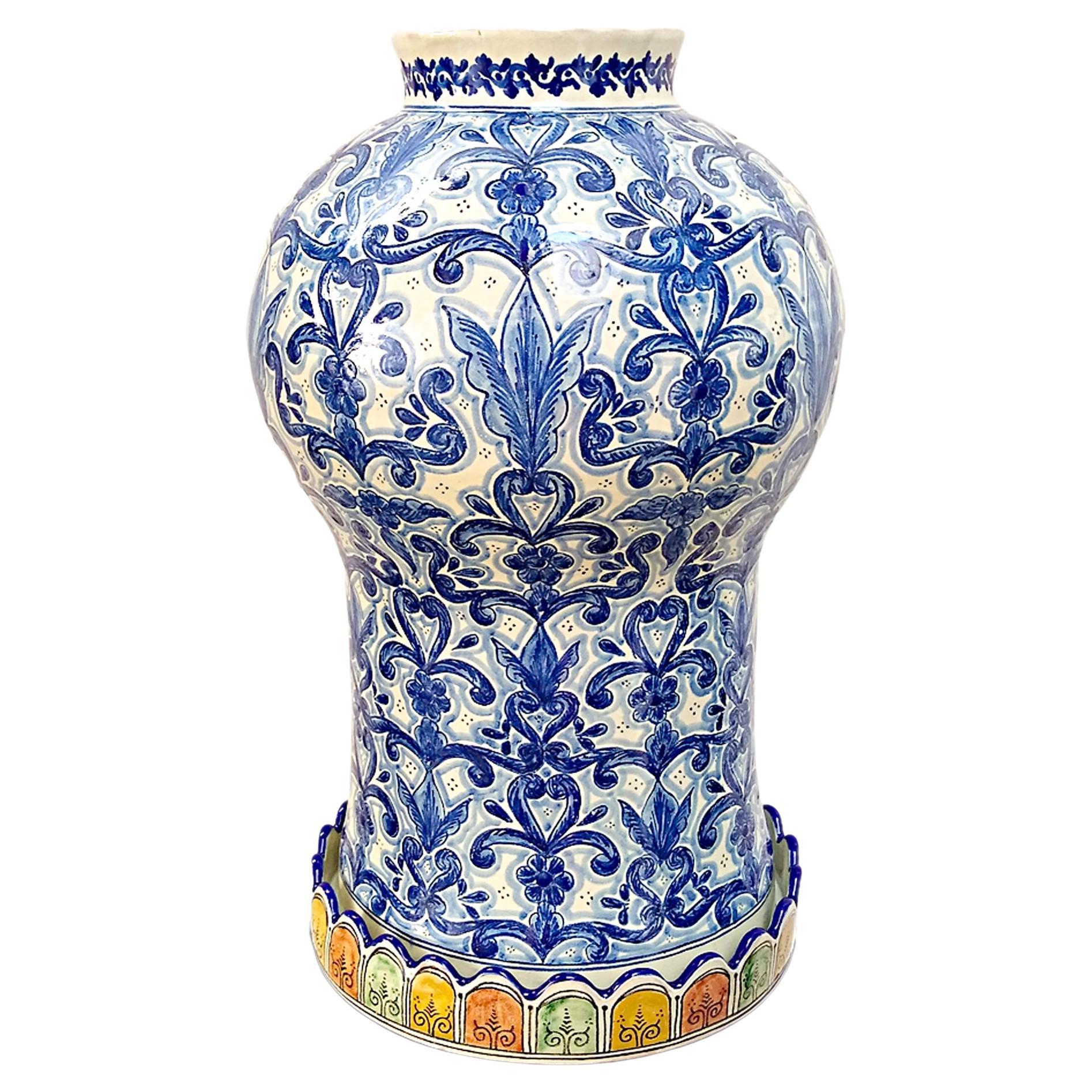 Talavera Jar Decorative Vase Folk Art Vessel Mexican Ceramic Blue White