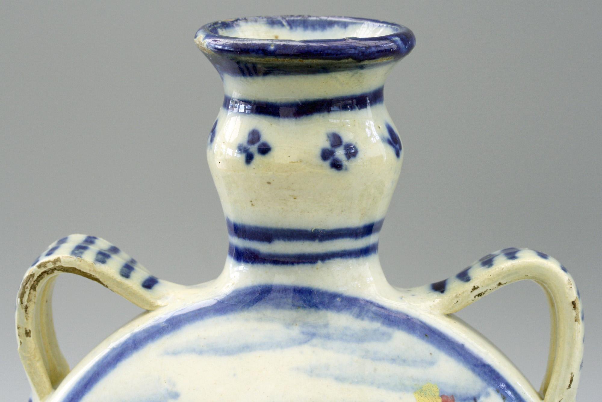 Talavera Spanish Twin Handled Moon Flask Pottery Vase, 19th Century 4