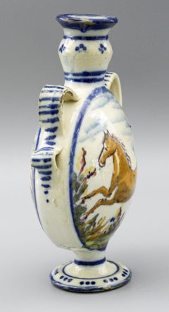 Talavera Spanish Twin Handled Moon Flask Pottery Vase, 19th Century