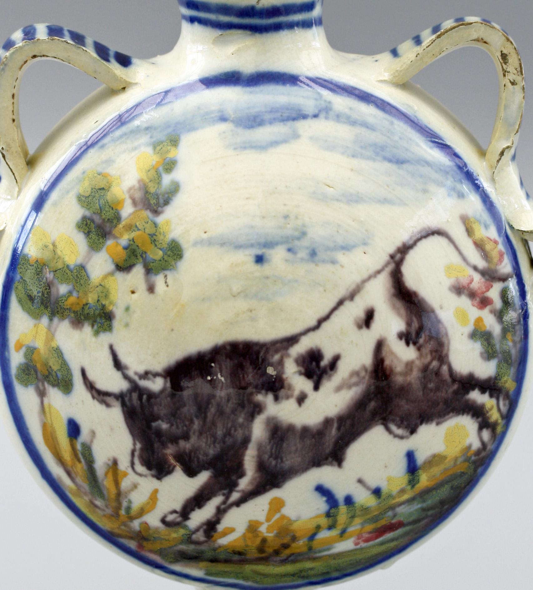 Majolica Talavera Spanish Twin Handled Moon Flask Pottery Vase, 19th Century