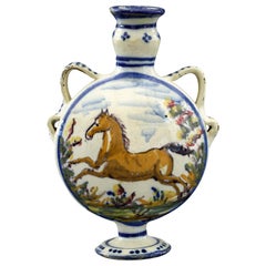 Antique Talavera Spanish Twin Handled Moon Flask Pottery Vase, 19th Century