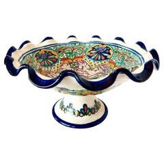 Retro Talavera Style Large Size Pedestal Fruit Bowl Signed "Becerra" Mexico Circa 1995