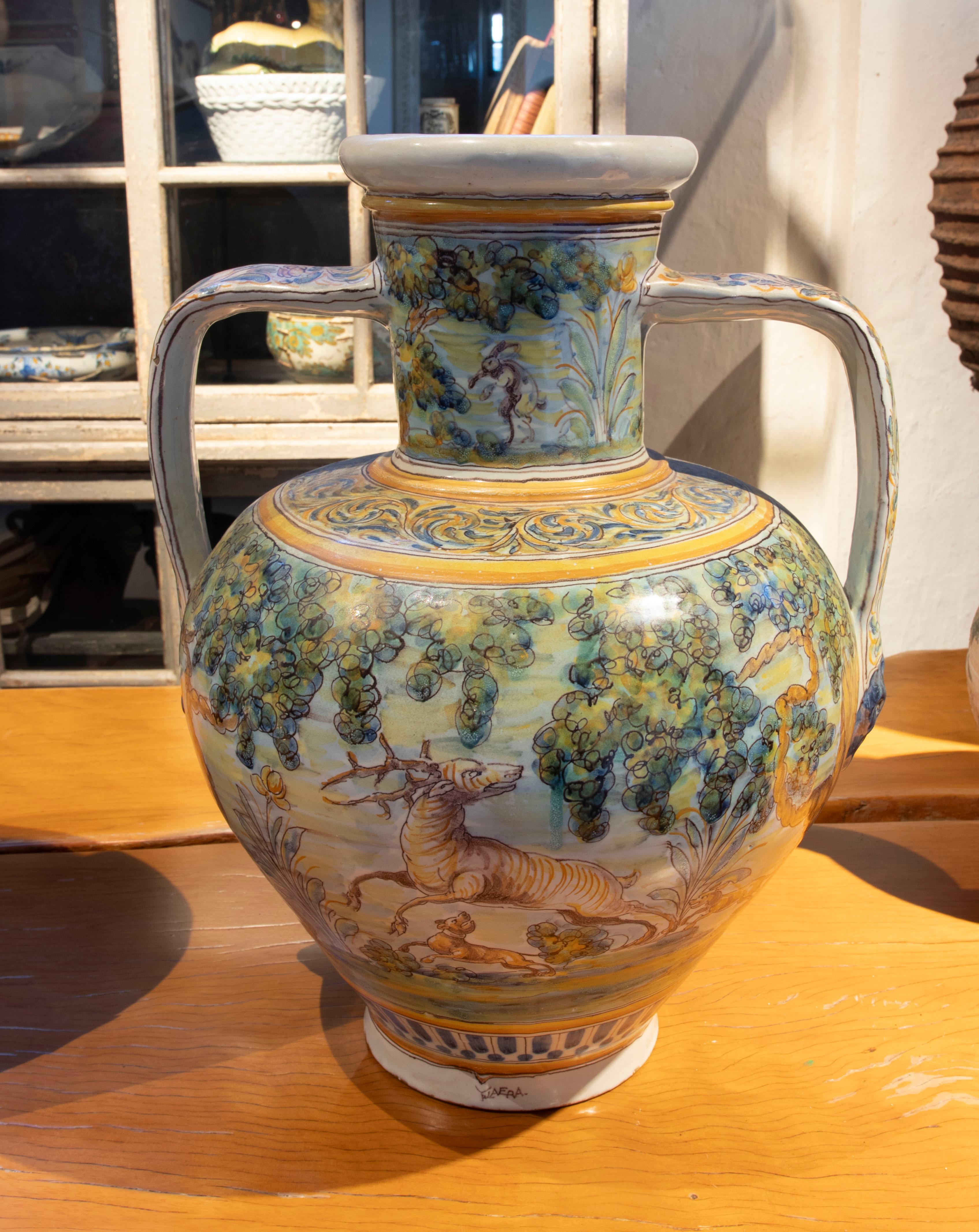 Spanish Talavera Vase with Hand-Painted Glazed Handles For Sale