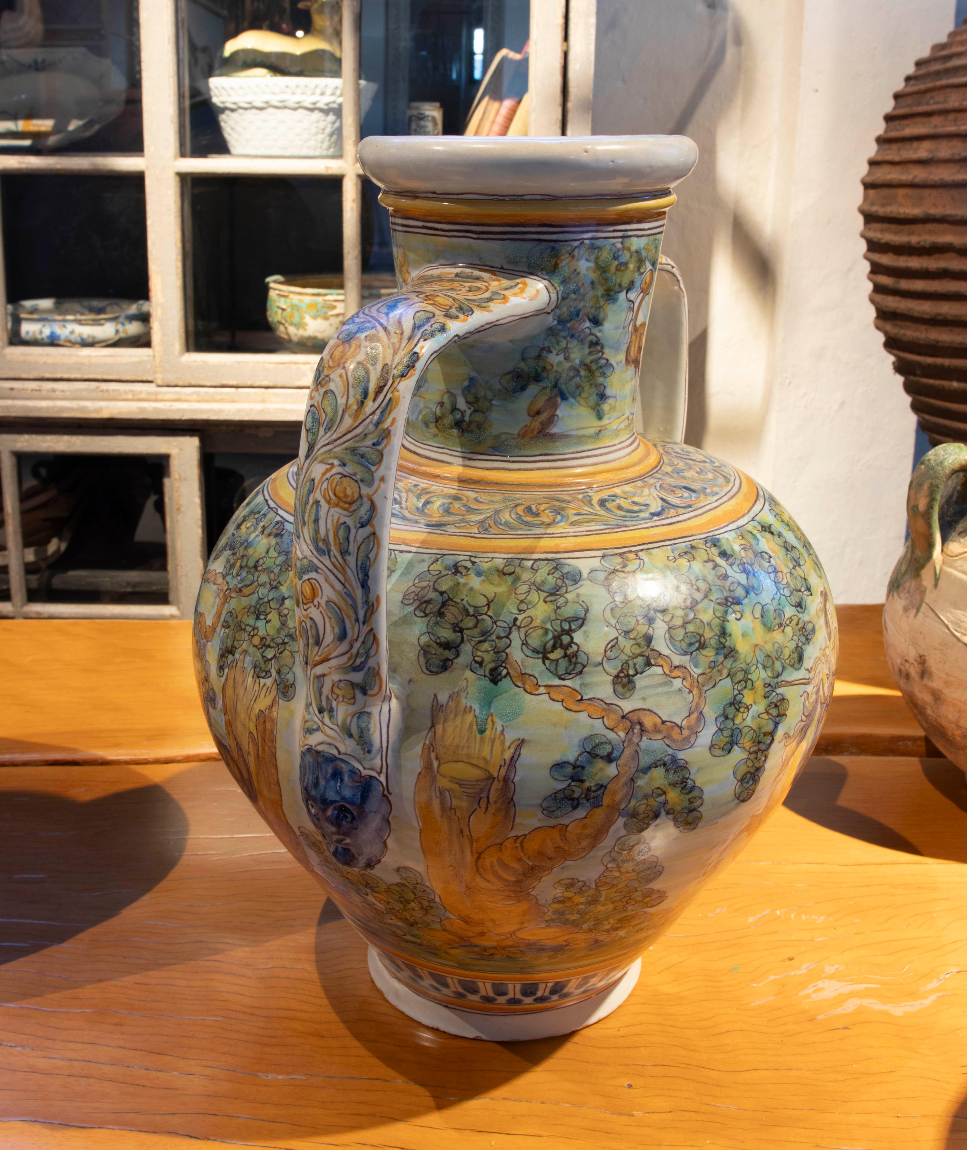 19th Century Talavera Vase with Hand-Painted Glazed Handles For Sale