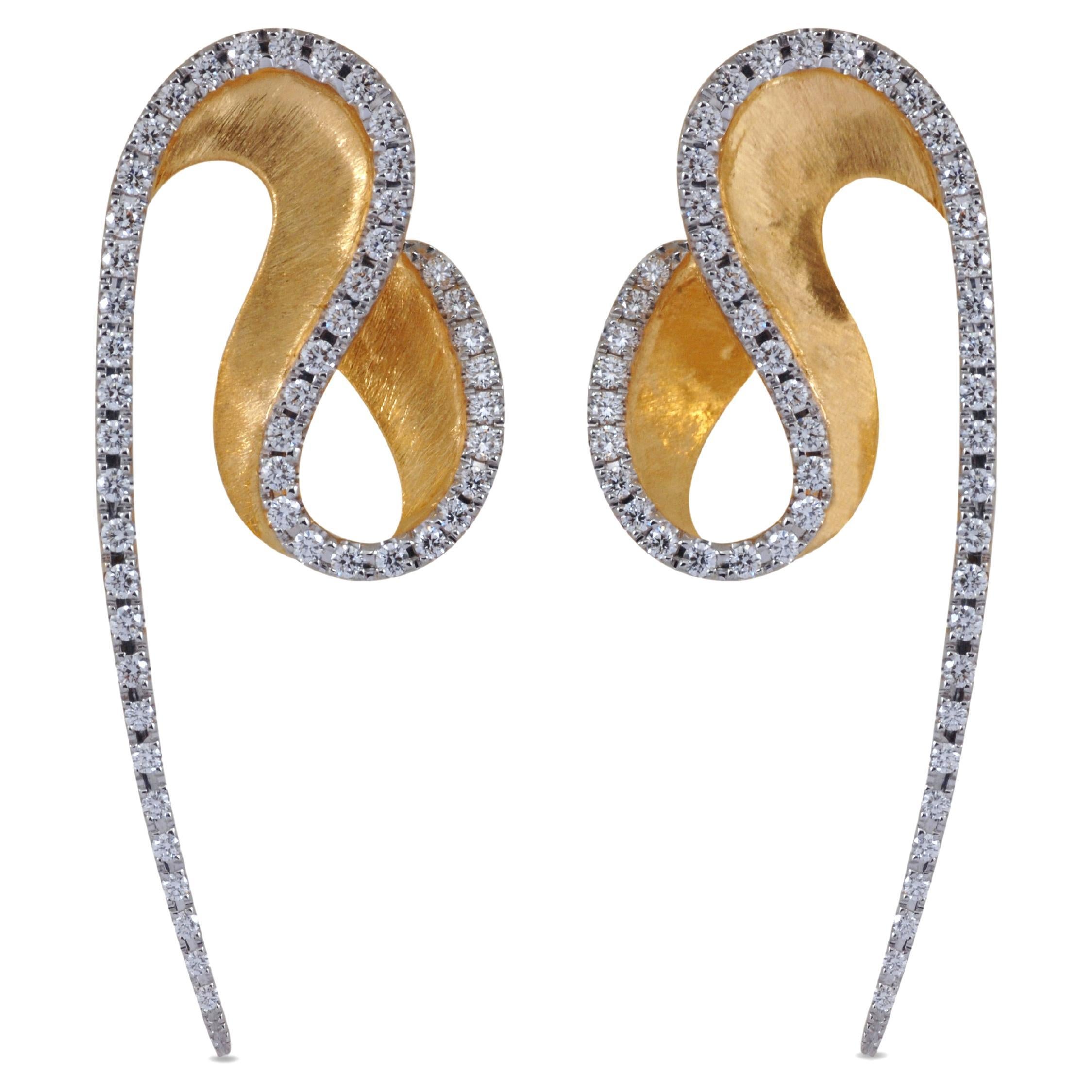 Talay Wave Brushed Gold Diamond Earrings 18k Gold For Sale