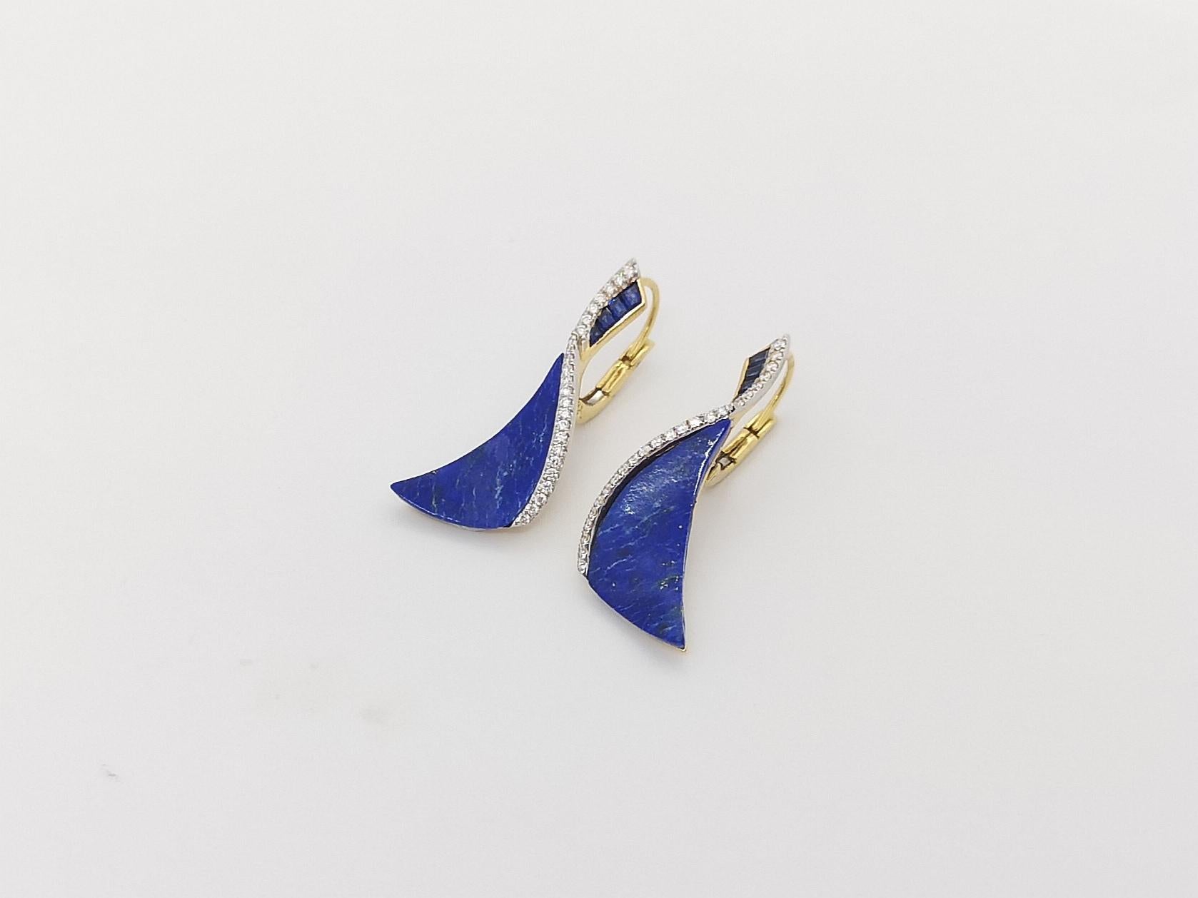 Taille mixte Lapis-lazuli flottant Talay, saphirs bleus et diamants  Boucles d'oreilles en or 18K en vente