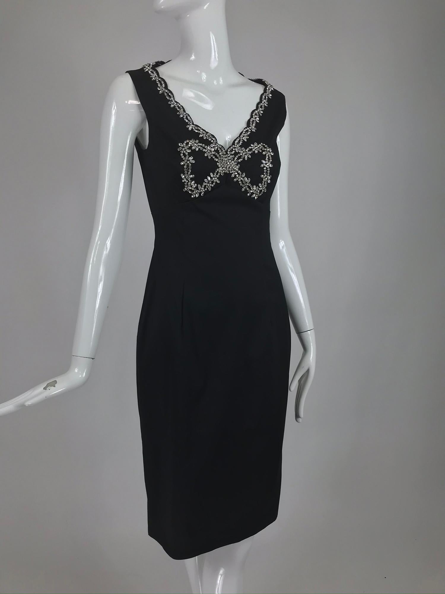 Talbot Runhof Black Silk Sheath with Rhinestone Bow Front In Excellent Condition In West Palm Beach, FL