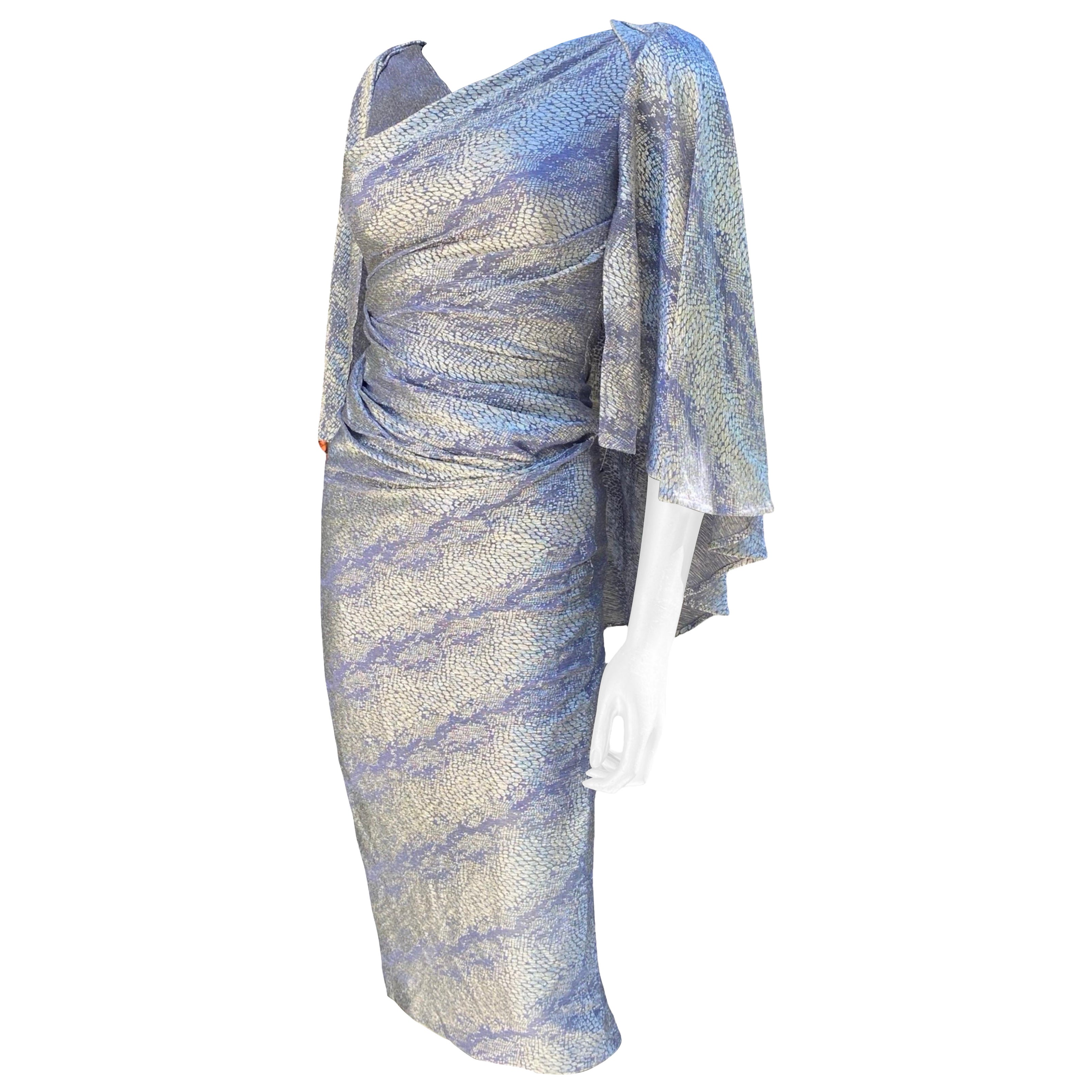 Talbot Runhof Chic Reptile Silver and Lilac Metallic Knit Cape Back Dress Sz 2 en vente 13