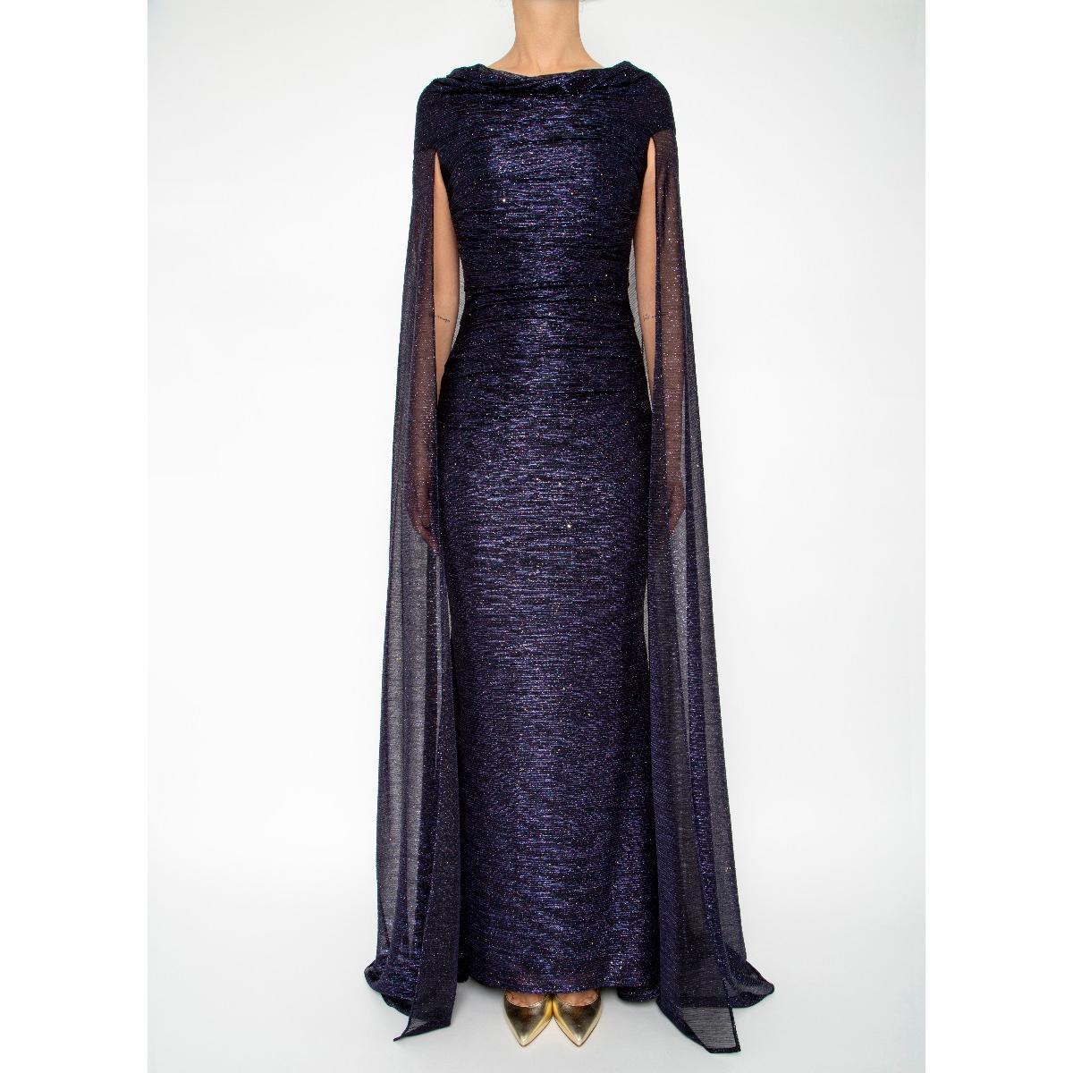 TALBOT RUNHOF 


 Off-the-shoulder neckline. Cape sleeves. Column silhouette. Floor-length hem. Back zip

Main Fabric: 50% Polyester 50% Metal
Lining: 85% Cupro 15% Lycra


IT 42.  Very stretchy, can fit size S and M


Pre owned in excellent