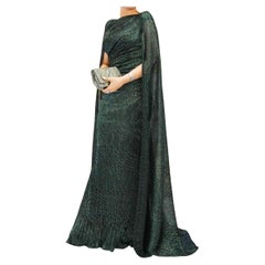 TALBOT RUNHOF DARK GREEN RUCHED METALLIC GOWN with SHEER CAPE IT 42