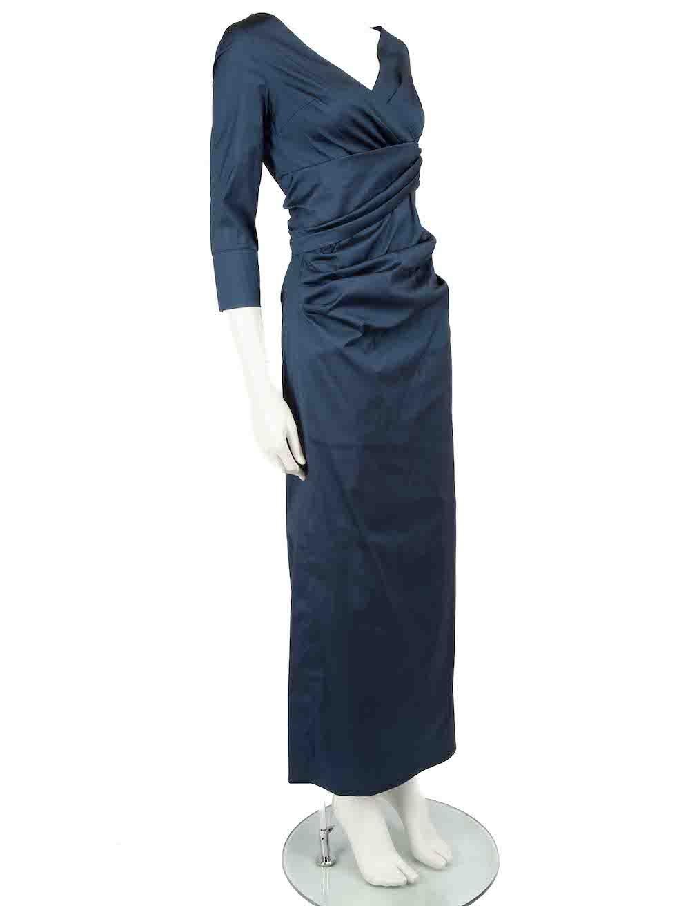 CONDITION is Very good. Hardly any visible wear to dress is evident on this used Talbot Runhof designer resale item.
 
 
 
 Details
 
 
 Navy
 
 Polyester
 
 Maxi gown
 
 Gathered accent
 
 V neckline
 
 Back zip closure with hook and eye
 
 Back