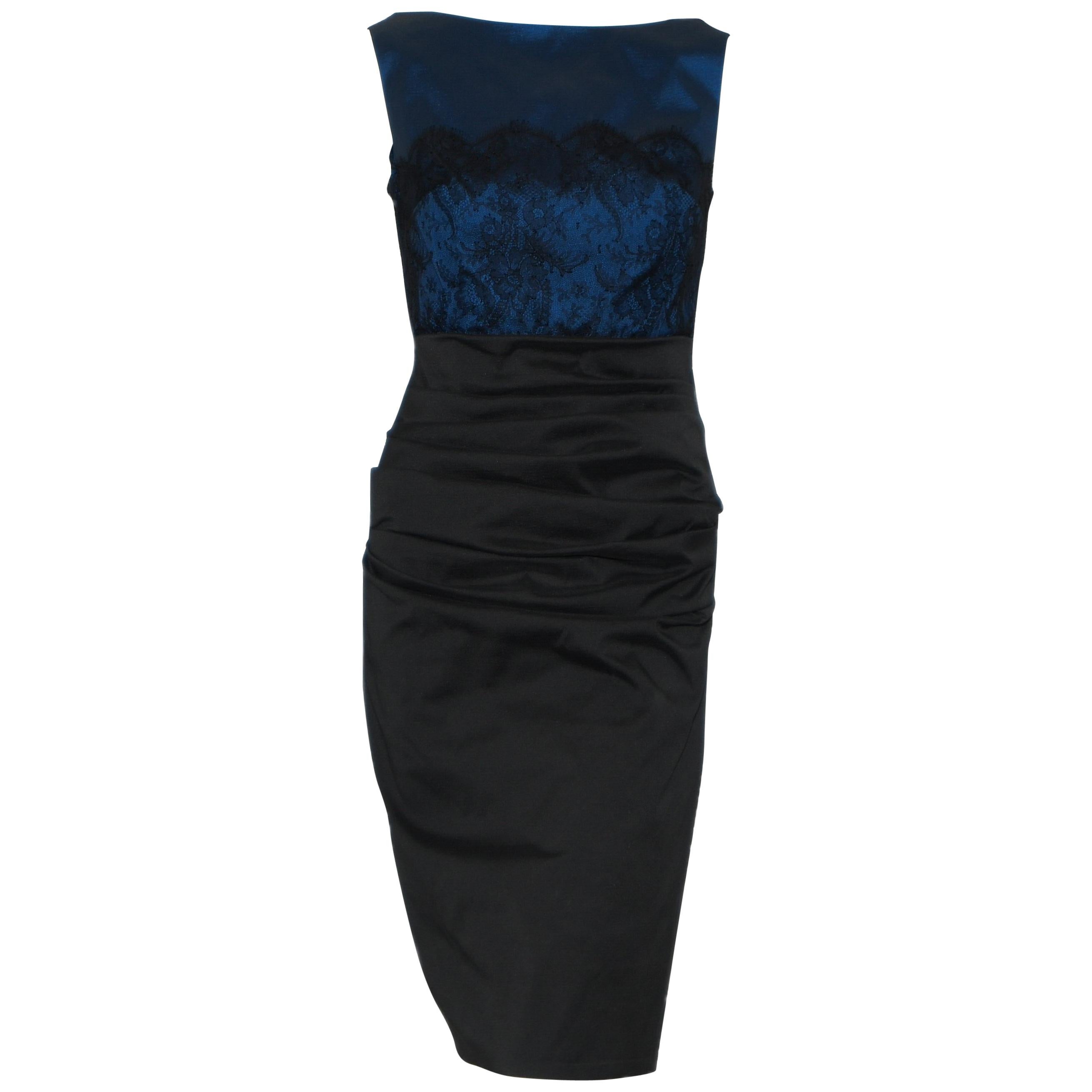 Talbot Runhof Royal Blue Bodice With Black Lace Overlay Cocktail Dress For Sale