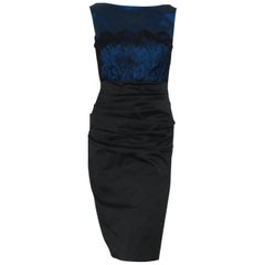 Talbot Runhof Royal Blue Bodice With Black Lace Overlay Cocktail Dress