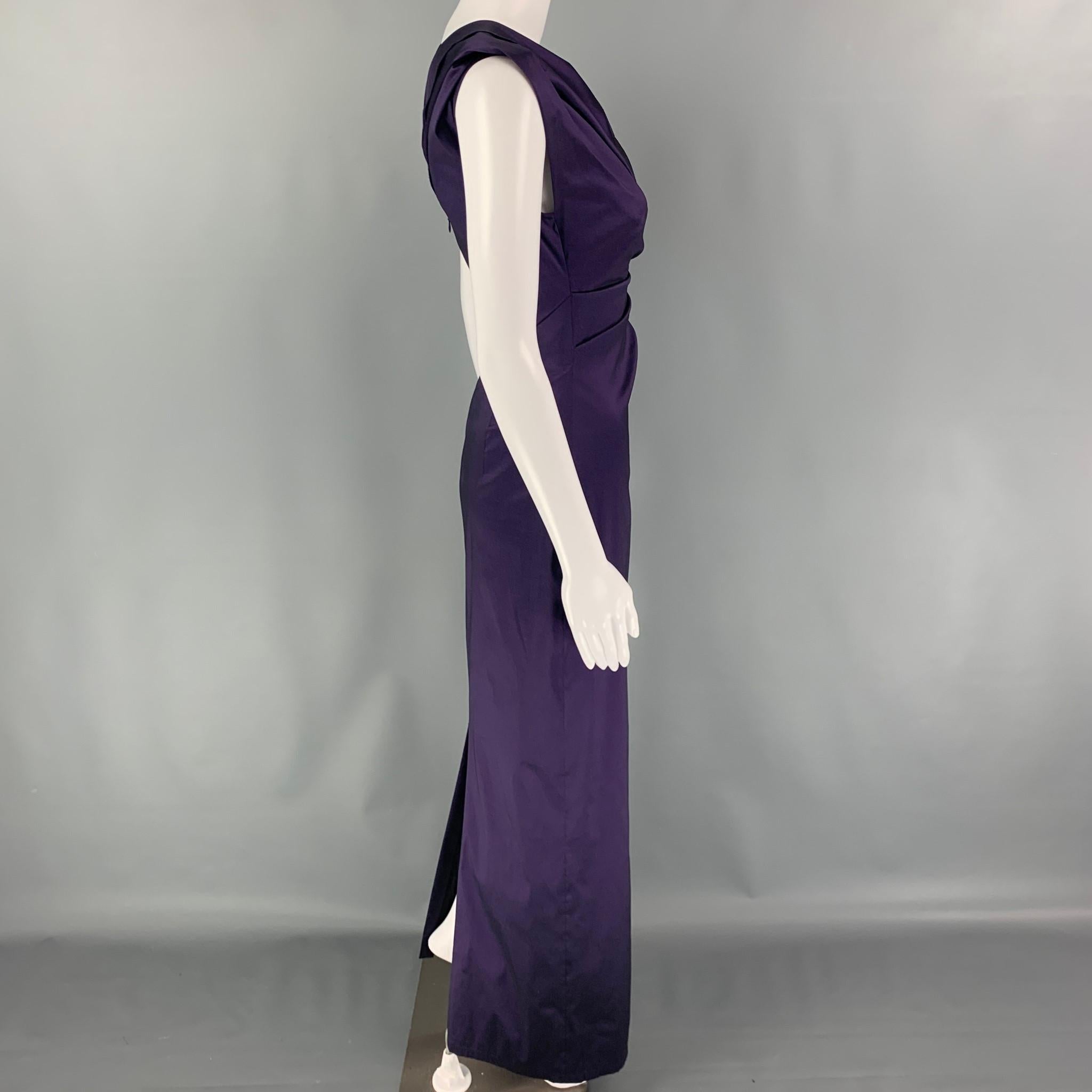 TALBOT RUNHOF dress comes in a purple satin stretch polyester blend featuring a super slim fit, crisscross draping, sleeveless, and a carmen neckline. 

Excellent Pre-Owned Condition.
Marked: 4/34

Measurements:

Bust: 28 in.
Waist: 24 in.
Hip: 30