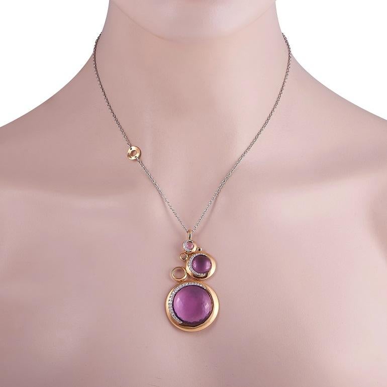  A breathtaking combination of 18K white gold and 18K rose gold make this pendant necklace from Talento Italiano simply unforgettable. On the 2.5” long pendant, you’ll find 29.84 carats of striking purple Amethyst stones effortlessly accented by