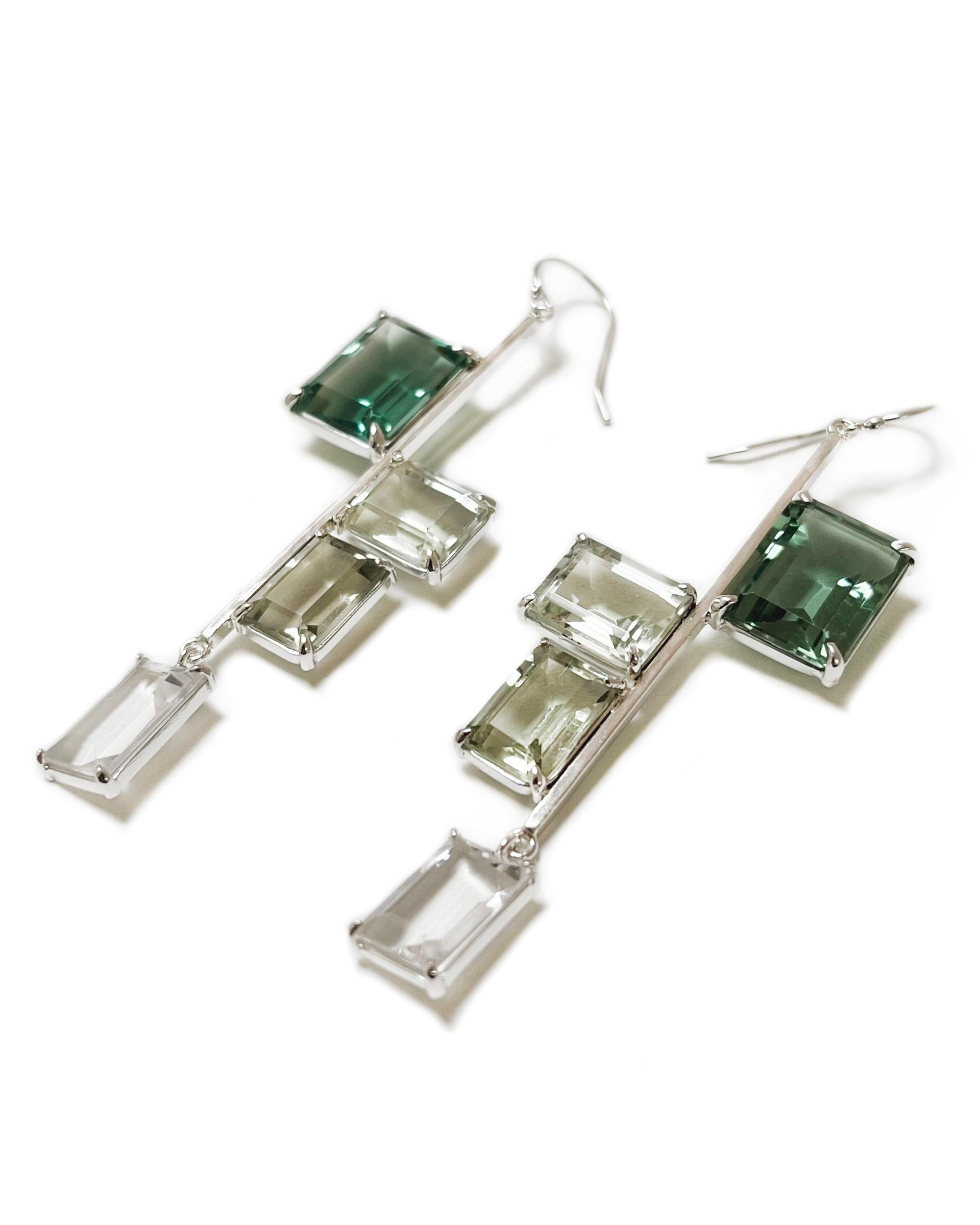 Contemporary Talia Drop Earrings in Green Quartz, Prasiolite, White Topaz and Sterling Silver For Sale