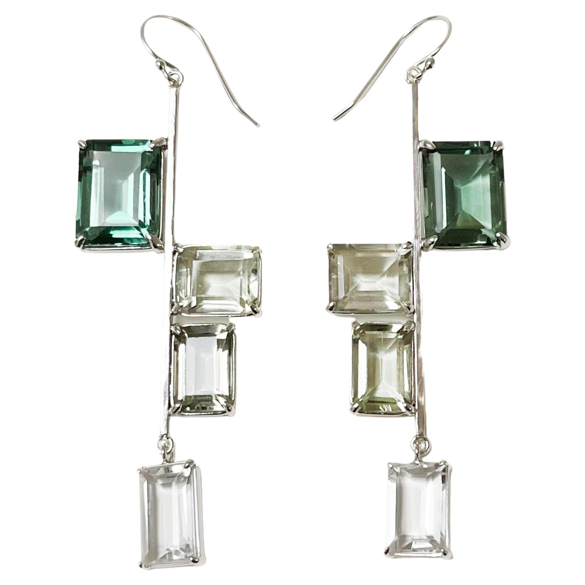 Talia Drop Earrings in Green Quartz, Prasiolite, White Topaz and Sterling Silver For Sale