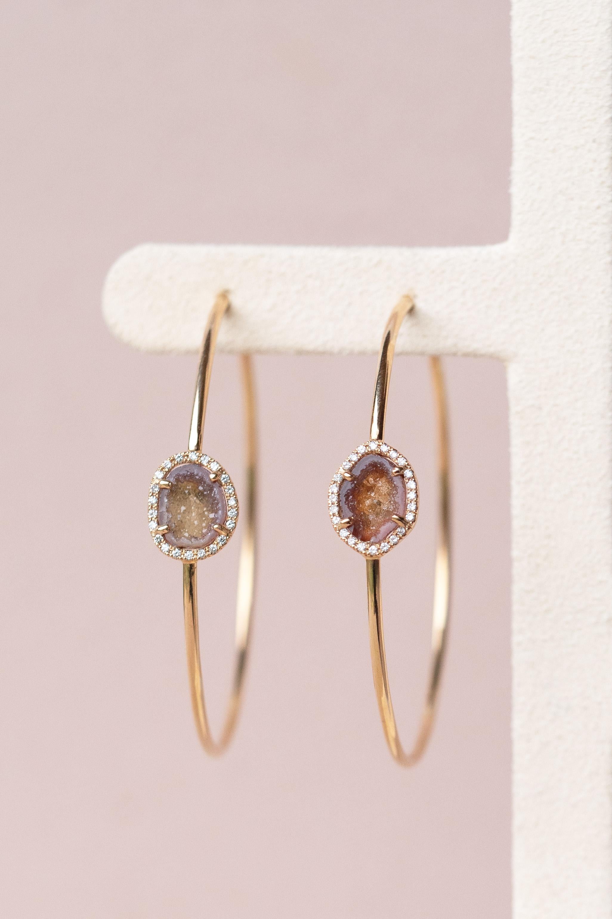 Contemporary TALIA Earrings, Orange Hoops with Agate Centerpiece, 0.20ct Diamonds, 18k Gold For Sale